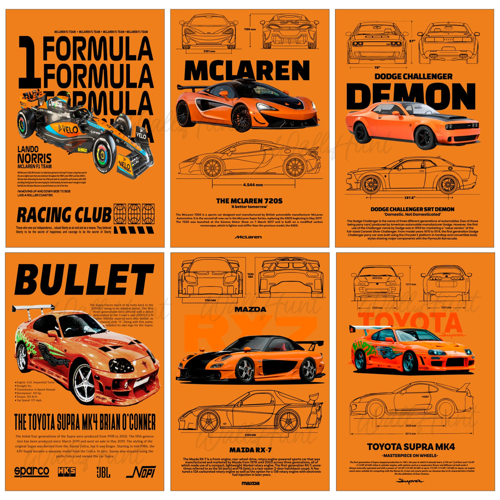 Orange Classic Cars Split Posters for Wall Decoration Wall Posters| Wall Art For Bedroom, Office, Living room, Dorm room