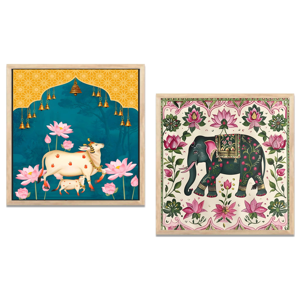 FramingoKart Pichwai Gau Elephant Wall Art Painting | Premium Framed Paintings | Poster With Frame Wall Decoration| Frames For Home Decor Office Living Room | Set of 2 ( (10X10inch), Framed)