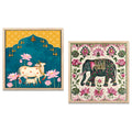 FramingoKart Pichwai Gau Elephant Wall Art Painting | Premium Framed Paintings | Poster With Frame Wall Decoration| Frames For Home Decor Office Living Room | Set of 2 ( (10X10inch), Framed)