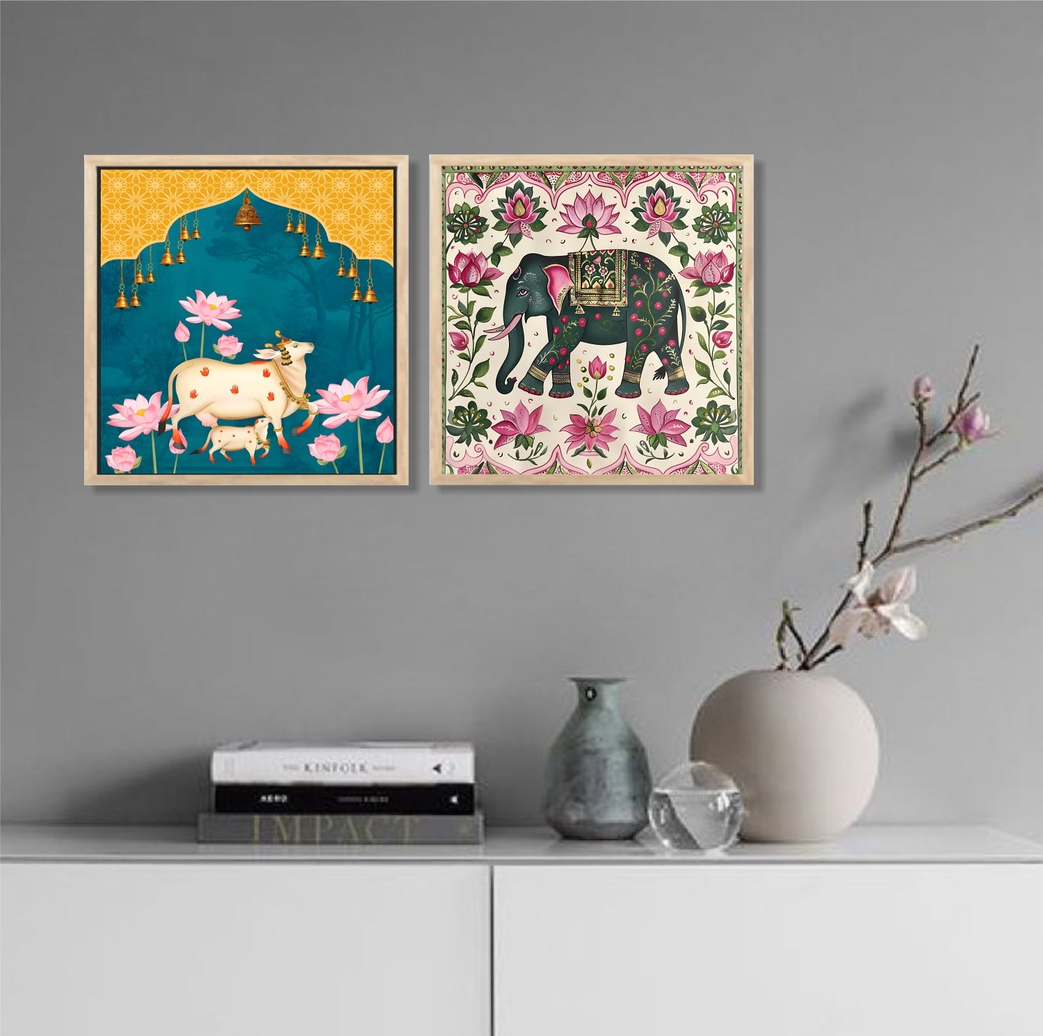FramingoKart Pichwai Gau Elephant Wall Art Painting | Premium Framed Paintings | Poster With Frame Wall Decoration| Frames For Home Decor Office Living Room | Set of 2 ( (10X10inch), Framed)