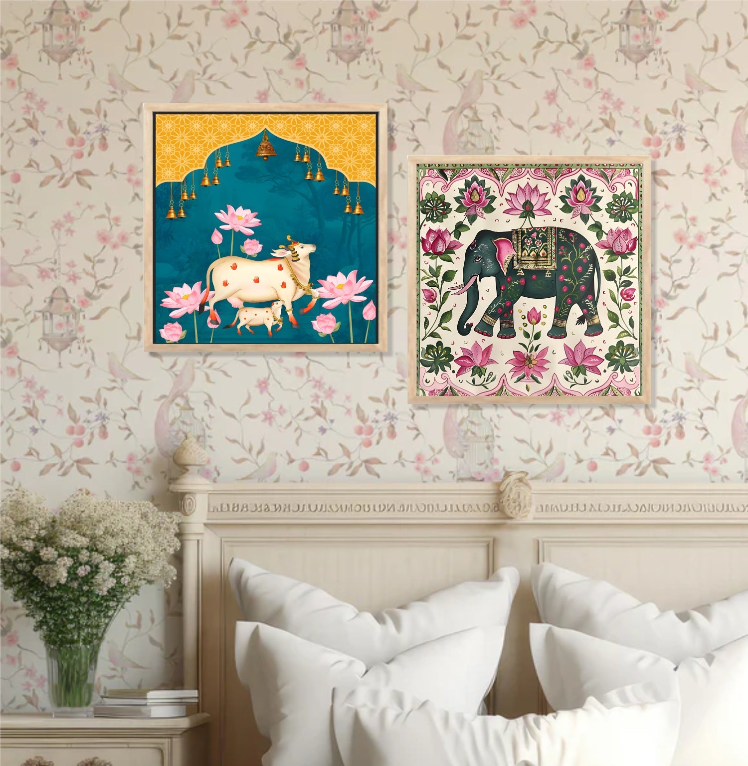 FramingoKart Pichwai Gau Elephant Wall Art Painting | Premium Framed Paintings | Poster With Frame Wall Decoration| Frames For Home Decor Office Living Room | Set of 2 ( (10X10inch), Framed)