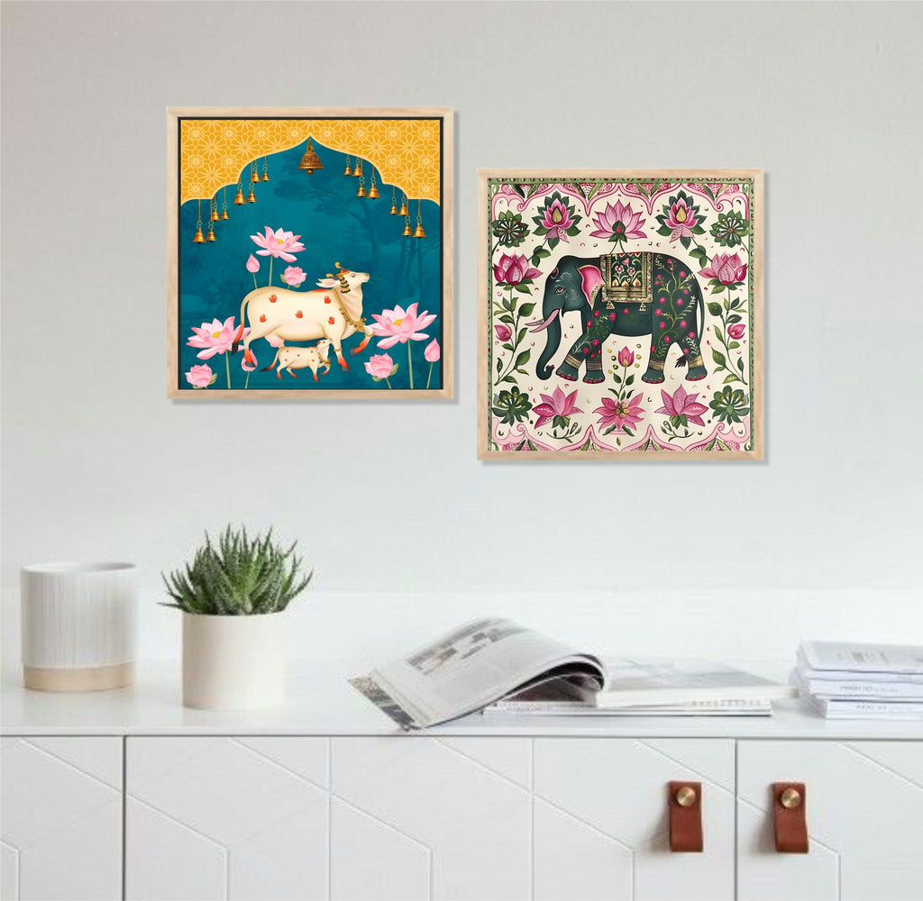 FramingoKart Pichwai Gau Elephant Wall Art Painting | Premium Framed Paintings | Poster With Frame Wall Decoration| Frames For Home Decor Office Living Room | Set of 2 ( (10X10inch), Framed)