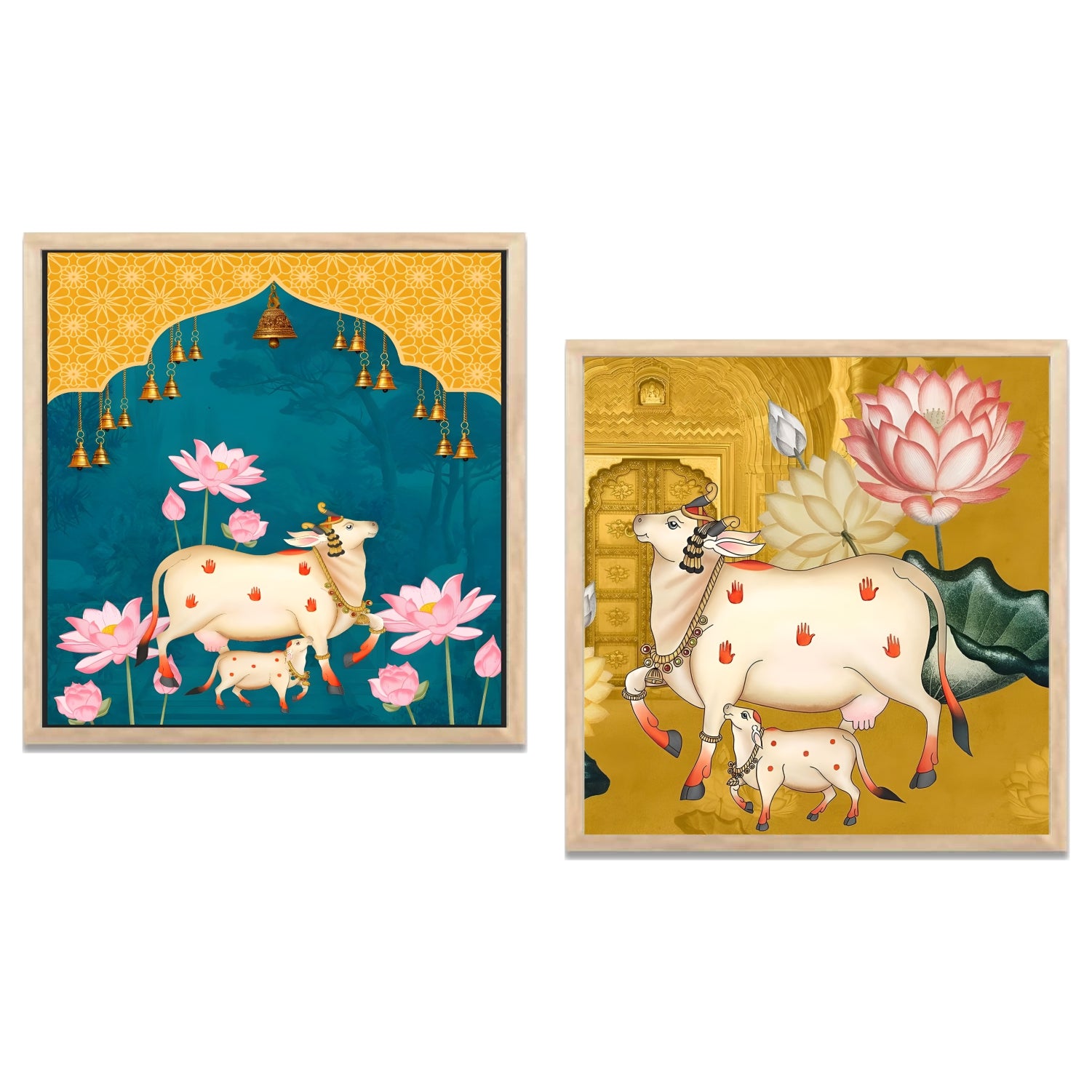 FramingoKart Pichwai Gau Art Wall Art Painting | Premium Framed Paintings | Poster With Frame Wall Decoration| Frames For Home Decor Office Living Room | Set of 2 ( (10X10inch), Framed)