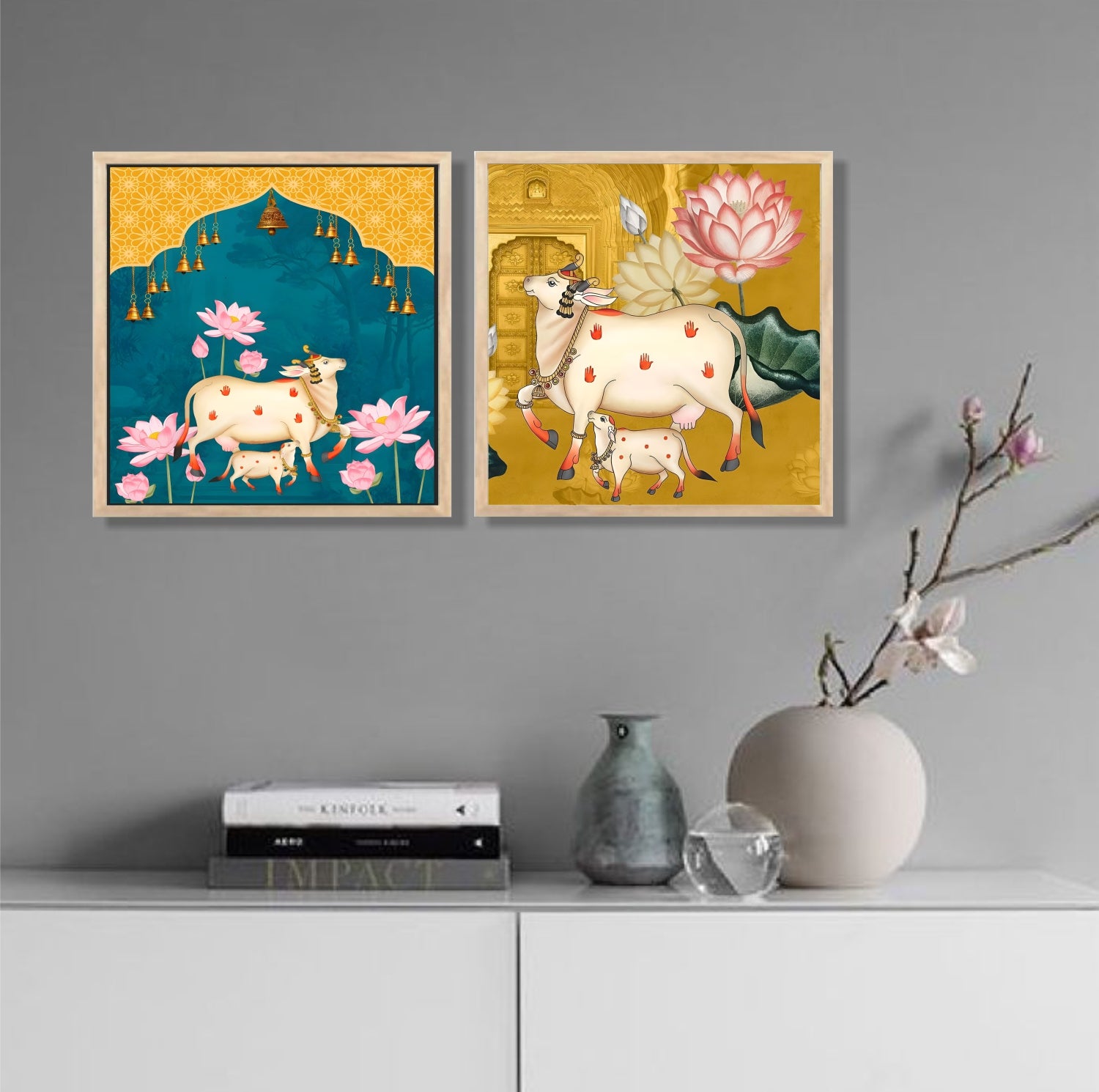 FramingoKart Pichwai Gau Art Wall Art Painting | Premium Framed Paintings | Poster With Frame Wall Decoration| Frames For Home Decor Office Living Room | Set of 2 ( (10X10inch), Framed)