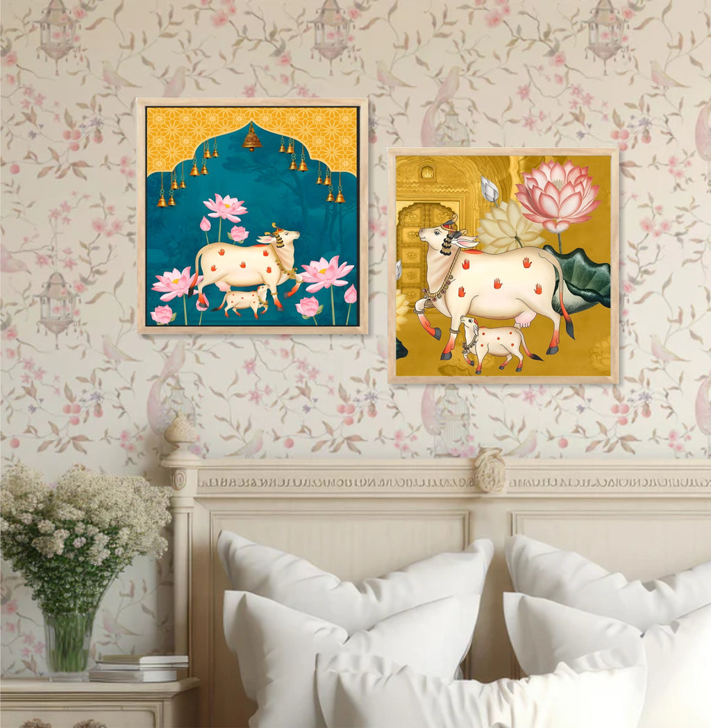 FramingoKart Pichwai Gau Art Wall Art Painting | Premium Framed Paintings | Poster With Frame Wall Decoration| Frames For Home Decor Office Living Room | Set of 2 ( (10X10inch), Framed)