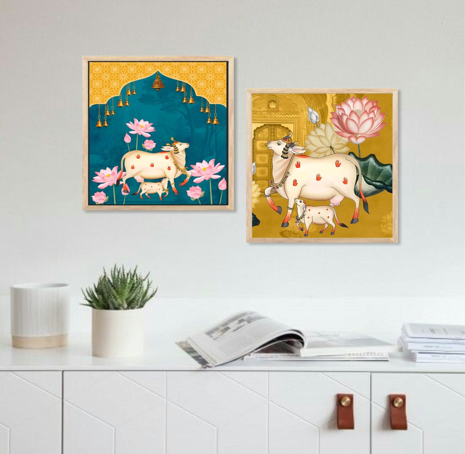 FramingoKart Pichwai Gau Art Wall Art Painting | Premium Framed Paintings | Poster With Frame Wall Decoration| Frames For Home Decor Office Living Room | Set of 2 ( (10X10inch), Framed)