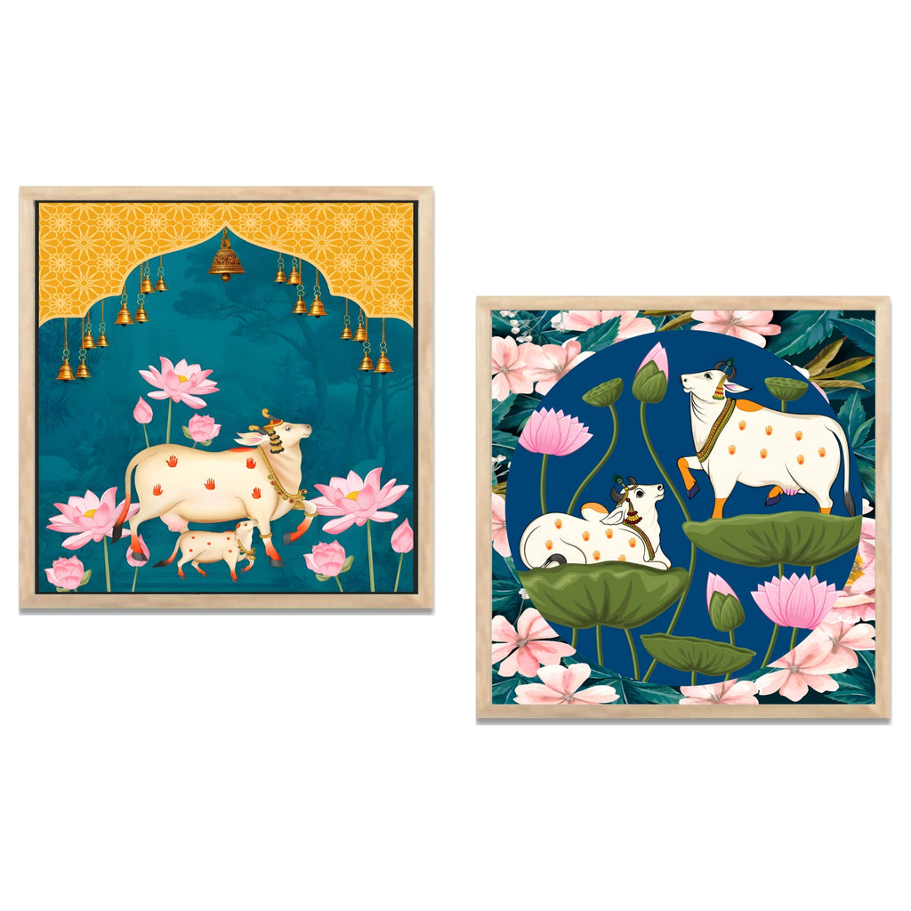 FramingoKart Pichwai Gau Design Wall Art Painting | Premium Framed Paintings | Poster With Frame Wall Decoration| Frames For Home Decor Office Living Room | Set of 2 ( (10X10inch), Framed)