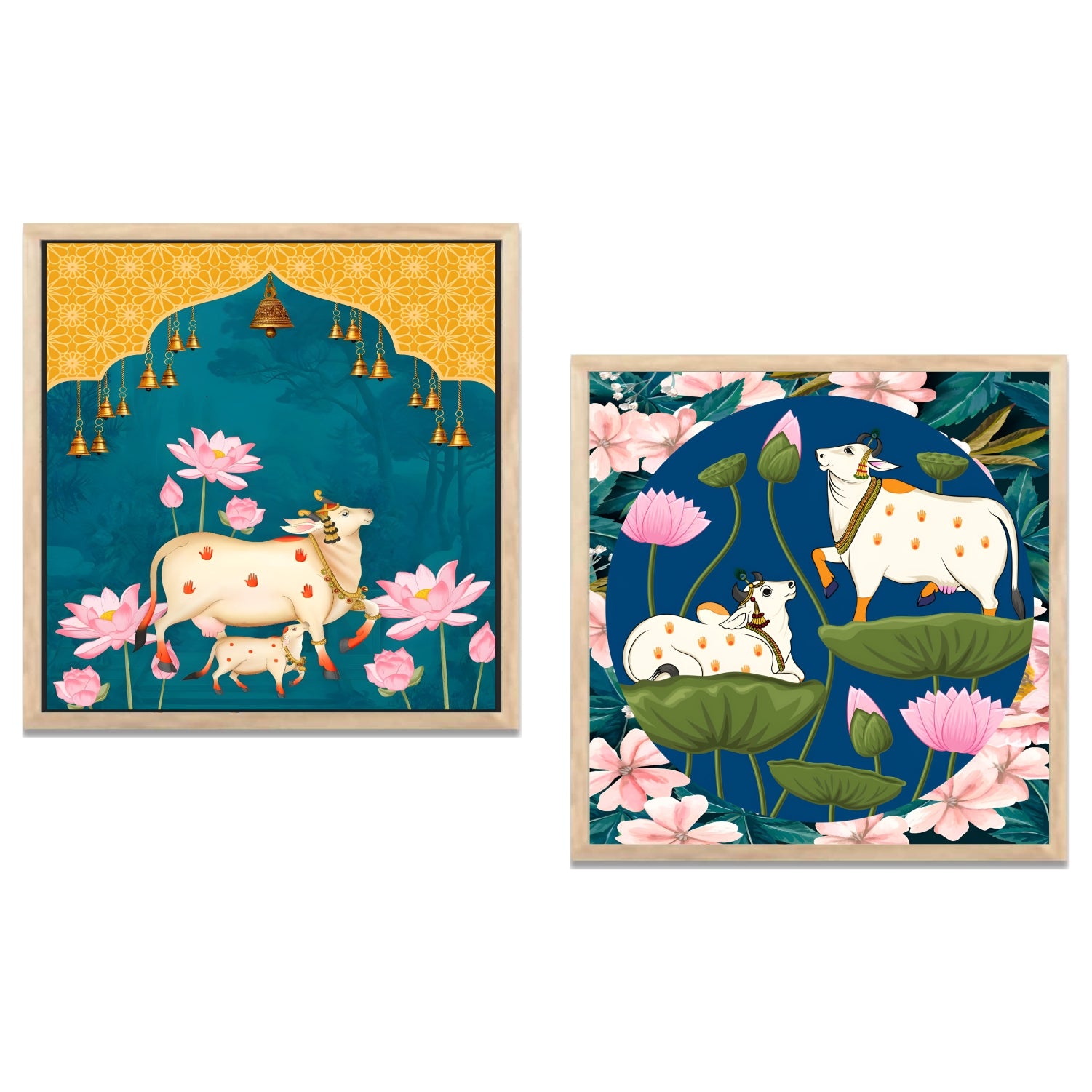 FramingoKart Pichwai Gau Design Wall Art Painting | Premium Framed Paintings | Poster With Frame Wall Decoration| Frames For Home Decor Office Living Room | Set of 2 ( (10X10inch), Framed)