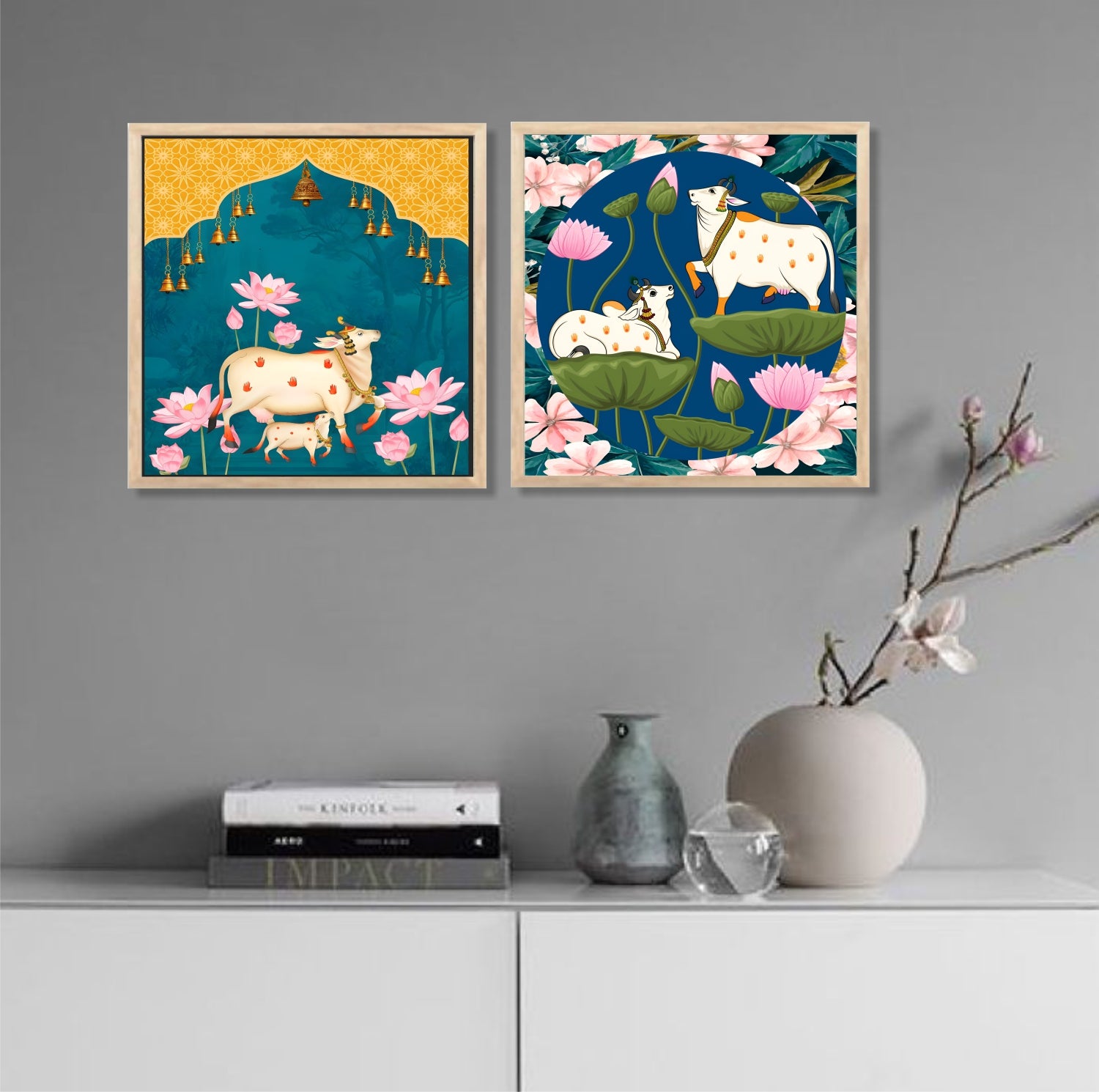 FramingoKart Pichwai Gau Design Wall Art Painting | Premium Framed Paintings | Poster With Frame Wall Decoration| Frames For Home Decor Office Living Room | Set of 2 ( (10X10inch), Framed)