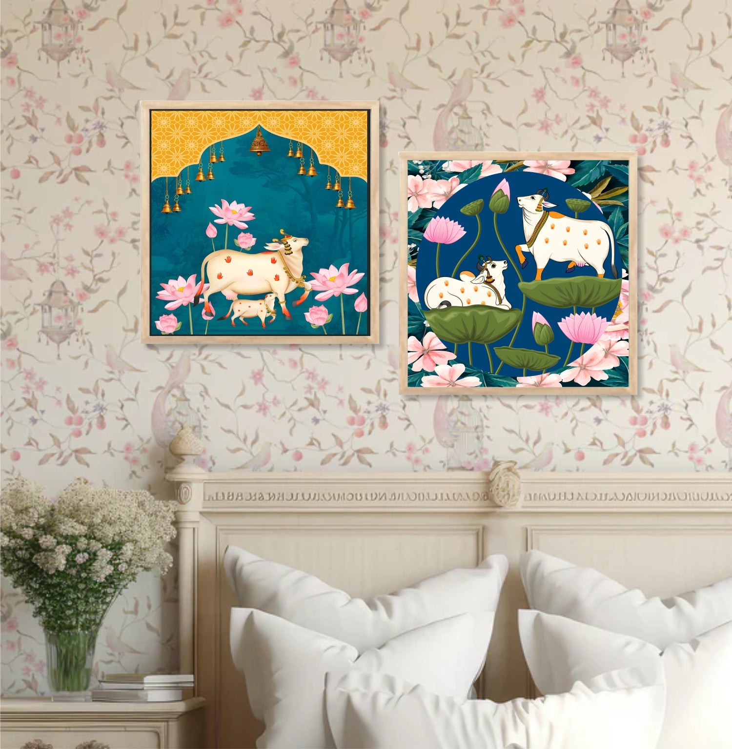 FramingoKart Pichwai Gau Design Wall Art Painting | Premium Framed Paintings | Poster With Frame Wall Decoration| Frames For Home Decor Office Living Room | Set of 2 ( (10X10inch), Framed)