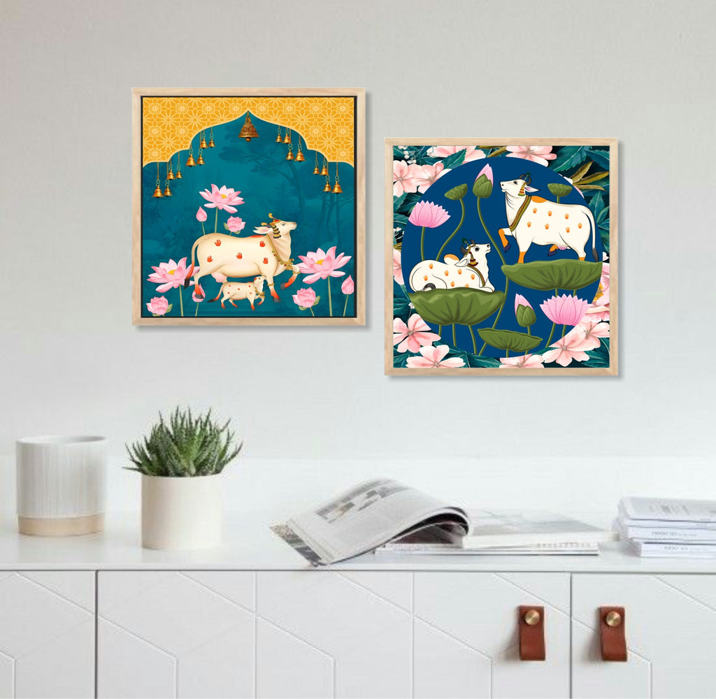 FramingoKart Pichwai Gau Design Wall Art Painting | Premium Framed Paintings | Poster With Frame Wall Decoration| Frames For Home Decor Office Living Room | Set of 2 ( (10X10inch), Framed)