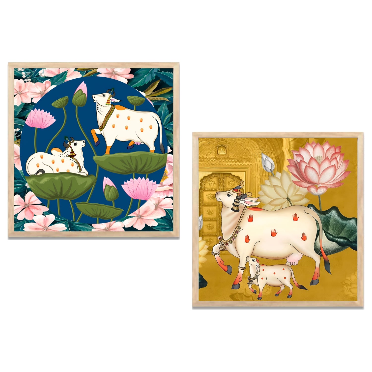 FramingoKart Gau Pichwai Wall Art Painting | Premium Framed Paintings | Poster With Frame Wall Decoration| Frames For Home Decor Office Living Room | Set of 2 ( (10X10inch), Framed)