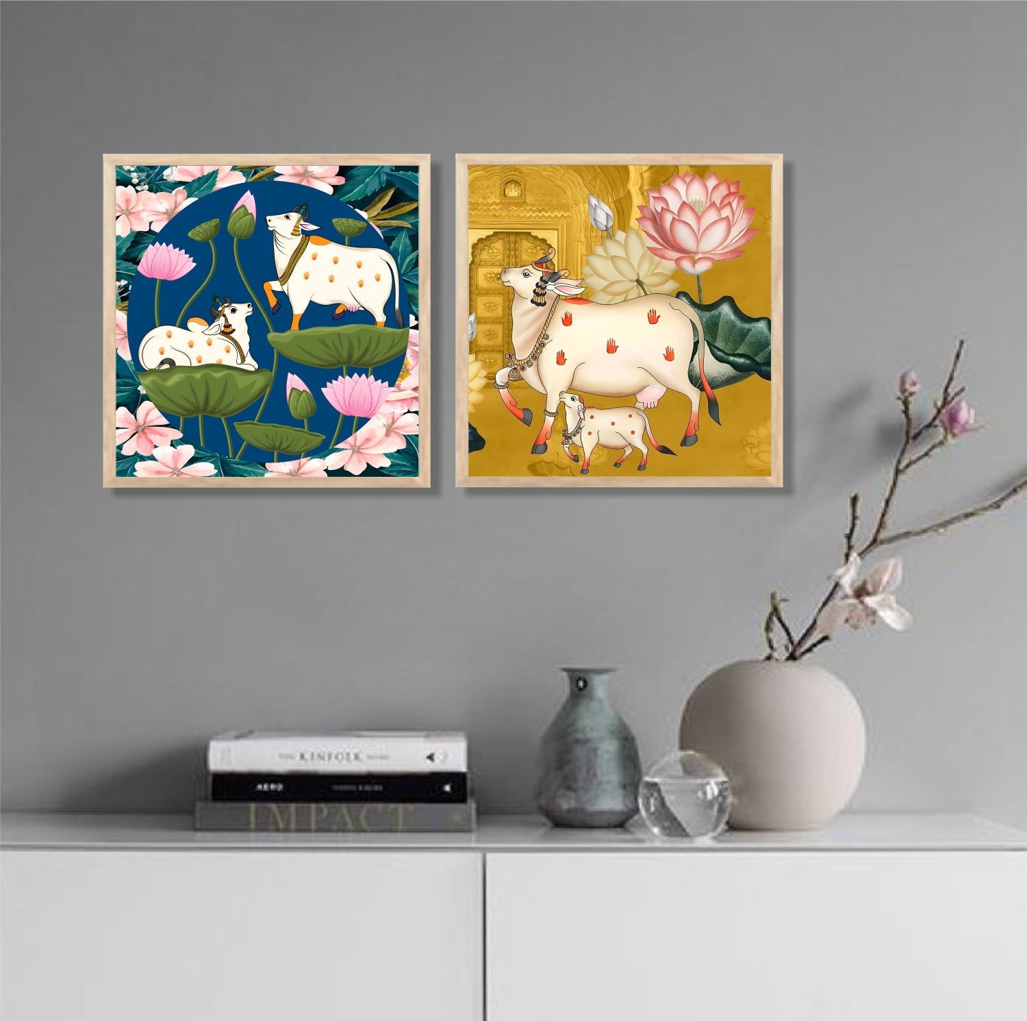 FramingoKart Gau Pichwai Wall Art Painting | Premium Framed Paintings | Poster With Frame Wall Decoration| Frames For Home Decor Office Living Room | Set of 2 ( (10X10inch), Framed)