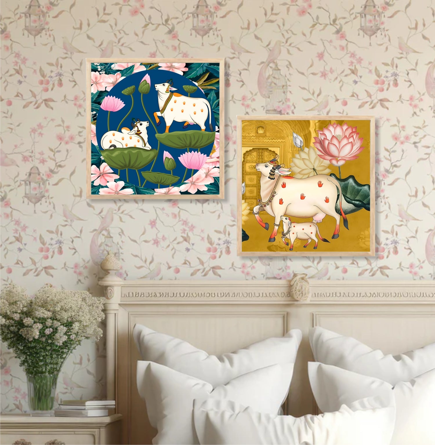 FramingoKart Gau Pichwai Wall Art Painting | Premium Framed Paintings | Poster With Frame Wall Decoration| Frames For Home Decor Office Living Room | Set of 2 ( (10X10inch), Framed)