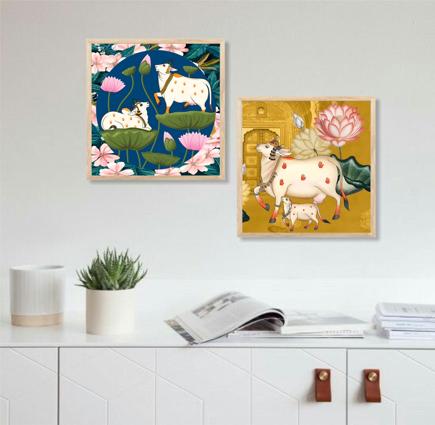 FramingoKart Gau Pichwai Wall Art Painting | Premium Framed Paintings | Poster With Frame Wall Decoration| Frames For Home Decor Office Living Room | Set of 2 ( (10X10inch), Framed)