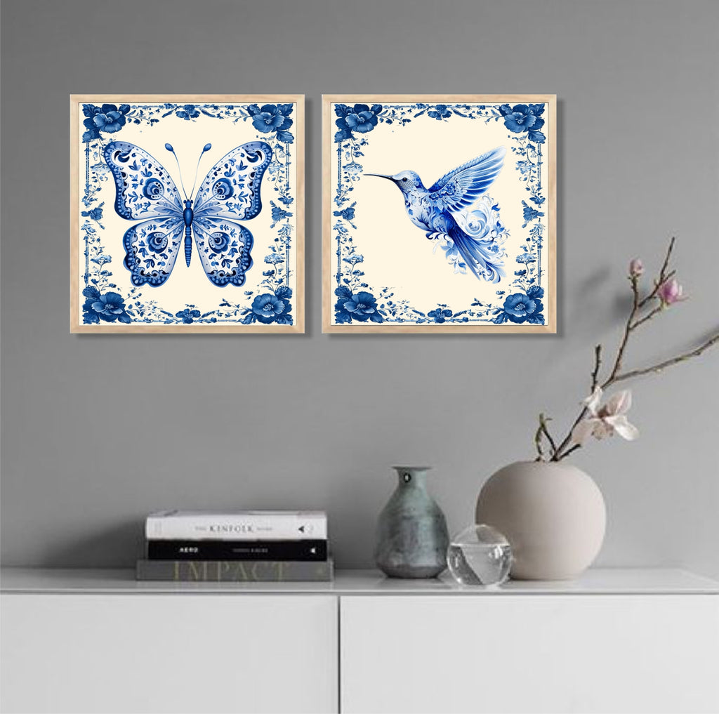 FramingoKart Butterfly Bird Floral Wall Art Painting | Premium Framed Paintings | Poster With Frame Wall Decoration| Frames For Home Decor Office Living Room | Set of 2 ( (10X10inch), Framed)