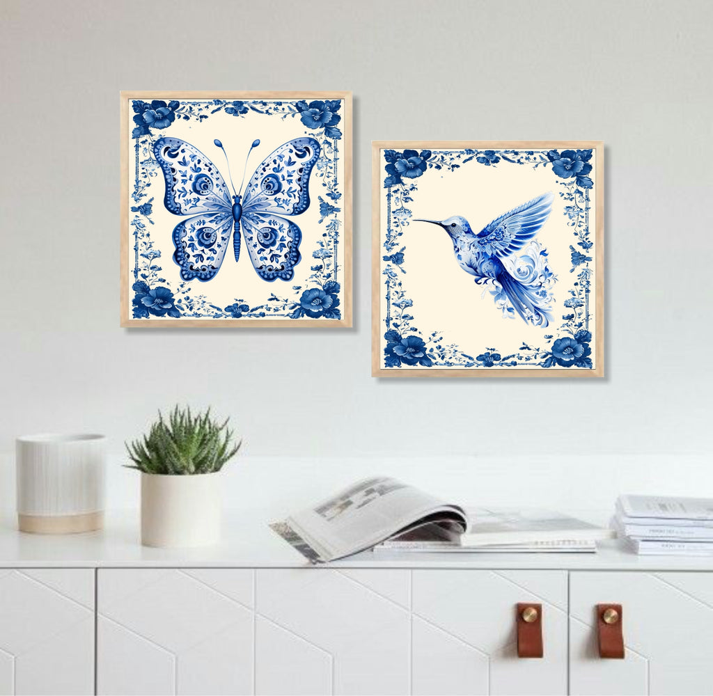 FramingoKart Butterfly Bird Floral Wall Art Painting | Premium Framed Paintings | Poster With Frame Wall Decoration| Frames For Home Decor Office Living Room | Set of 2 ( (10X10inch), Framed)