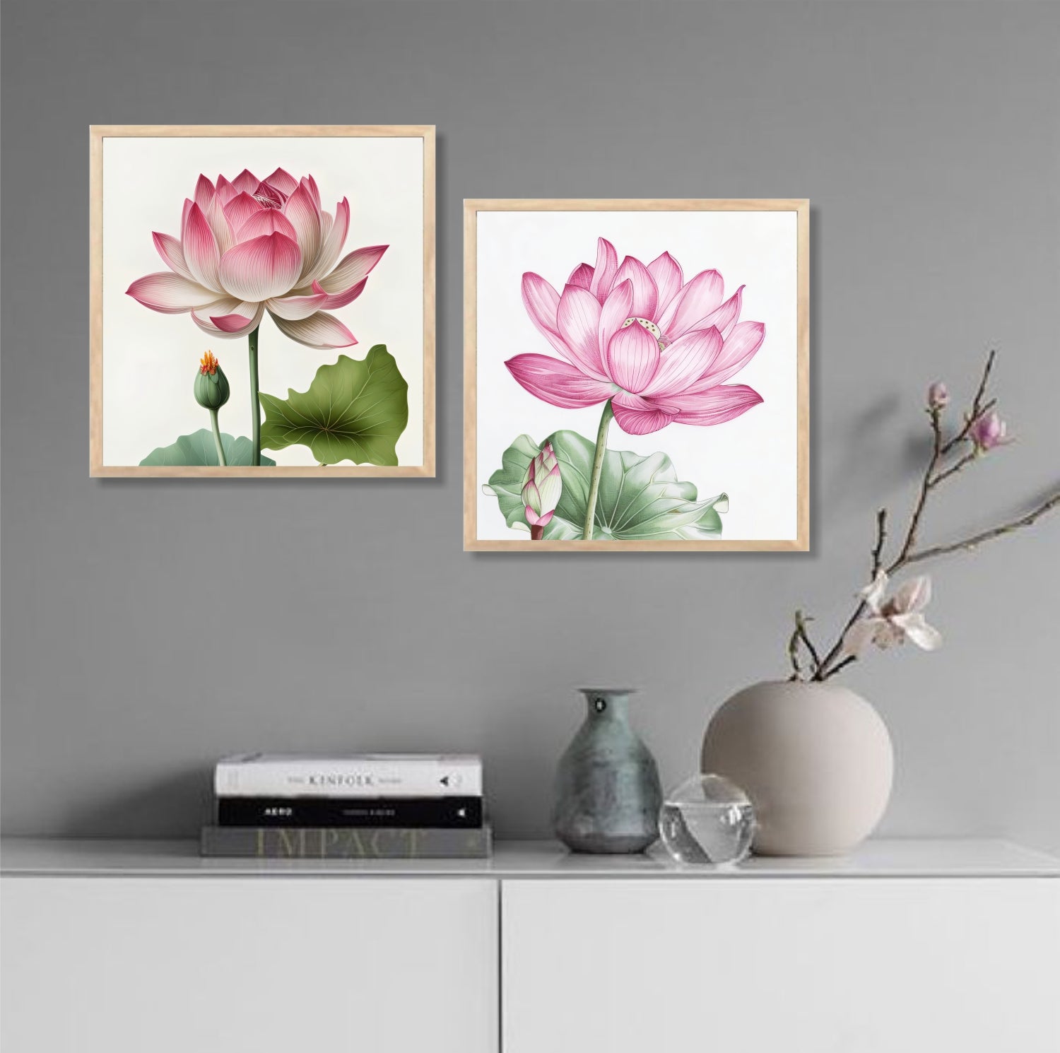 FramingoKart Lotus Flower Design Wall Art Painting Digital Reprint 10 inch x 10 inch Painting  (With Frame, Pack of 2)