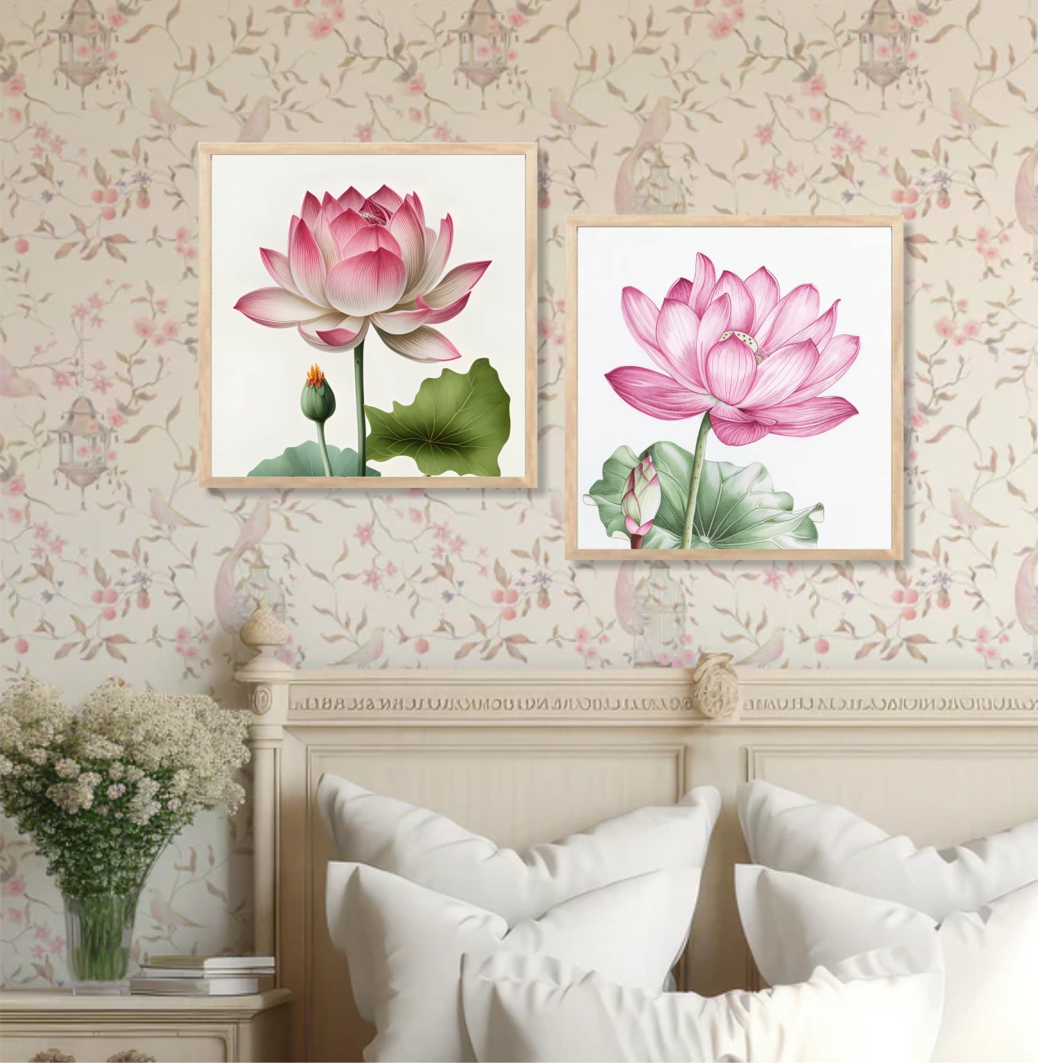 FramingoKart Lotus Flower Design Wall Art Painting Digital Reprint 10 inch x 10 inch Painting  (With Frame, Pack of 2)