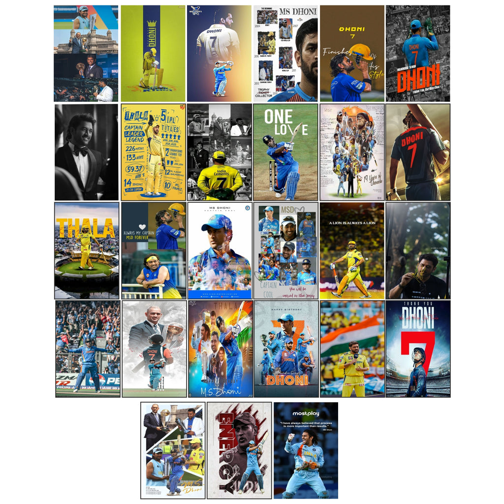 Pack of 27 MSD Dhoni Thala Wall Collage Kit Posters | Posters for Wall Decoration | Wall Art For Bedroom, Office, Living room, Dorm room Photographic Paper -Gifting ideas- Paper Print
