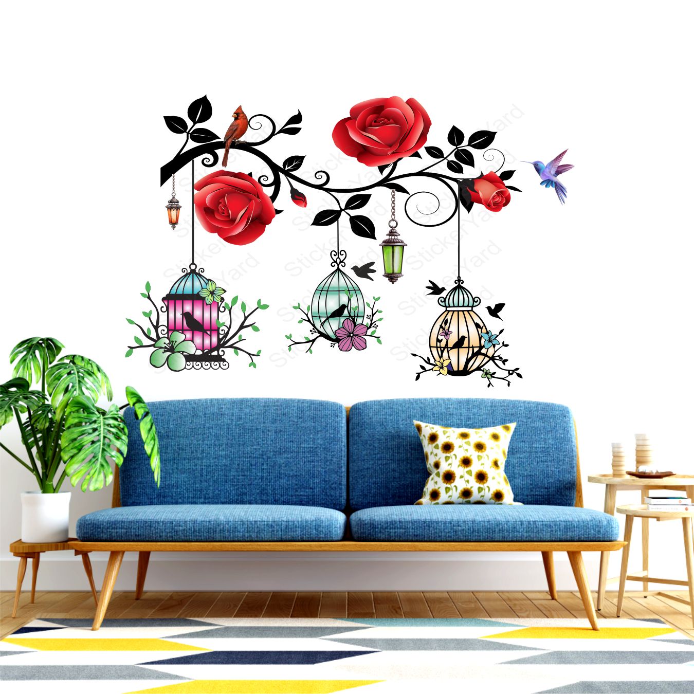 Framingokart Pvc Vinyl Cages Red Floral Self-Adhesive Wall Sticker for Home Decor/Decoration - Living Room, Bedroom, Kids Room (Multicolor,Size 71X48CM)