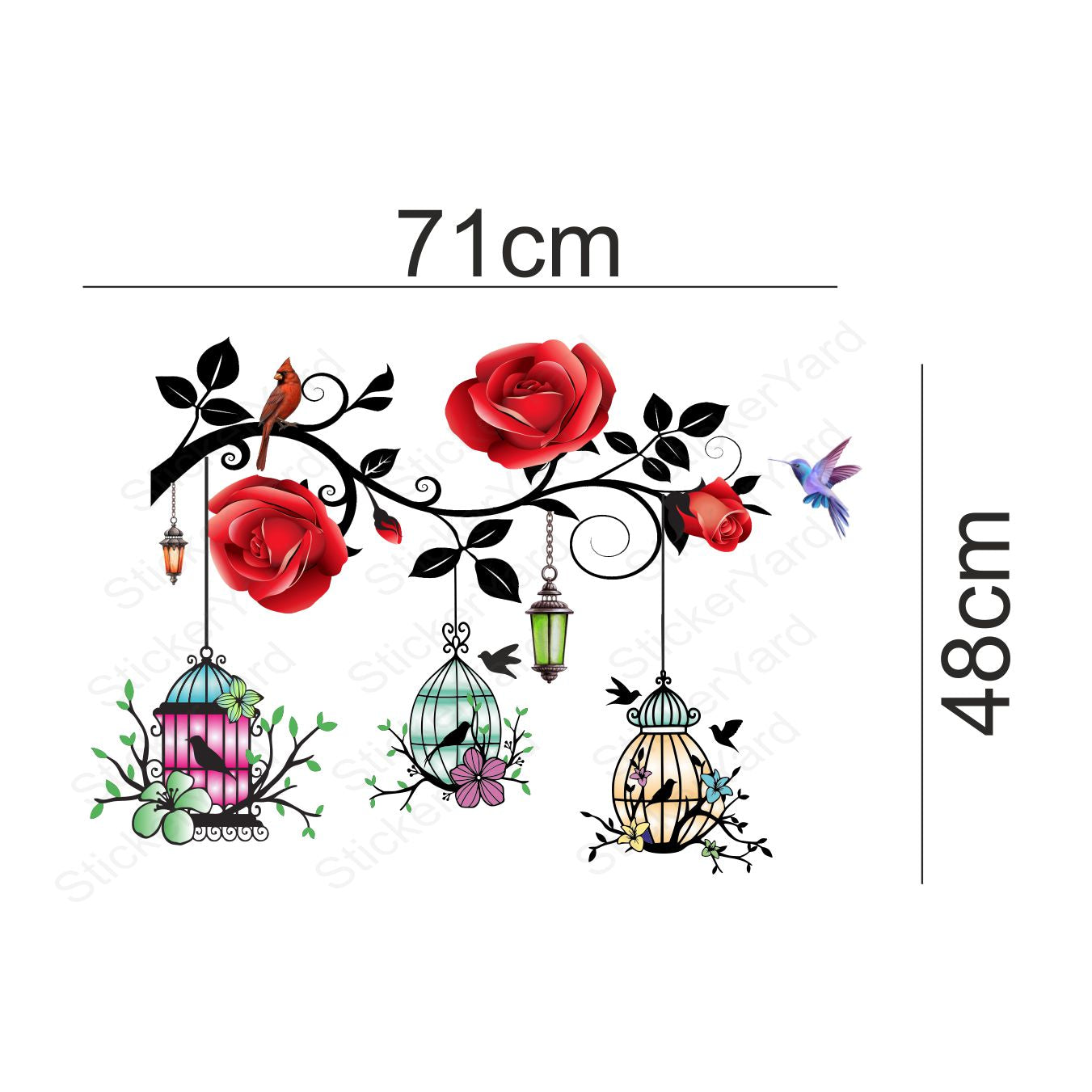 Framingokart Pvc Vinyl Cages Red Floral Self-Adhesive Wall Sticker for Home Decor/Decoration - Living Room, Bedroom, Kids Room (Multicolor,Size 71X48CM)