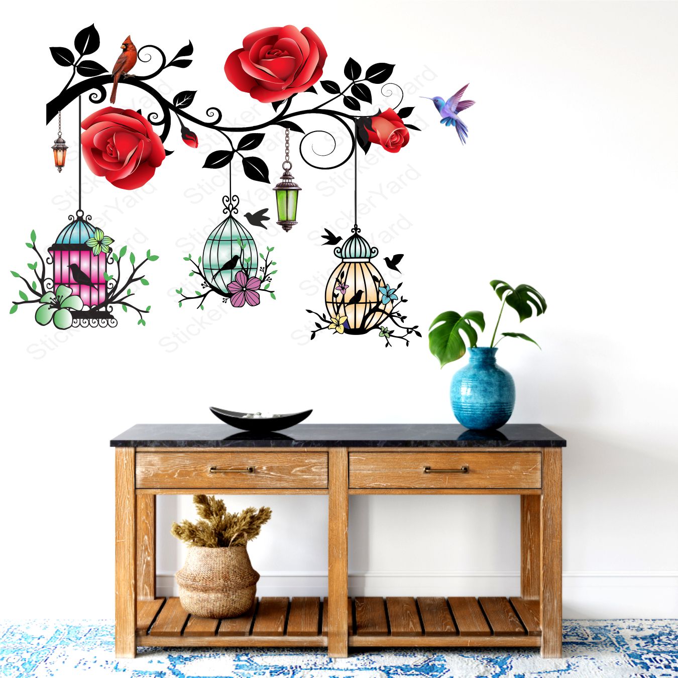 Framingokart Pvc Vinyl Cages Red Floral Self-Adhesive Wall Sticker for Home Decor/Decoration - Living Room, Bedroom, Kids Room (Multicolor,Size 71X48CM)