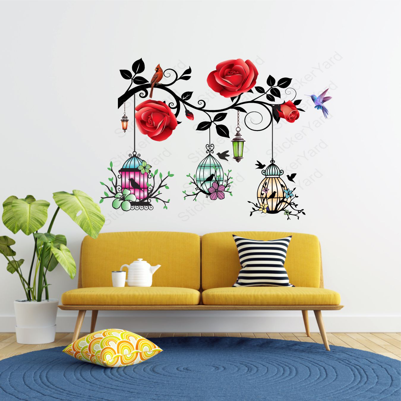 Framingokart Pvc Vinyl Cages Red Floral Self-Adhesive Wall Sticker for Home Decor/Decoration - Living Room, Bedroom, Kids Room (Multicolor,Size 71X48CM)