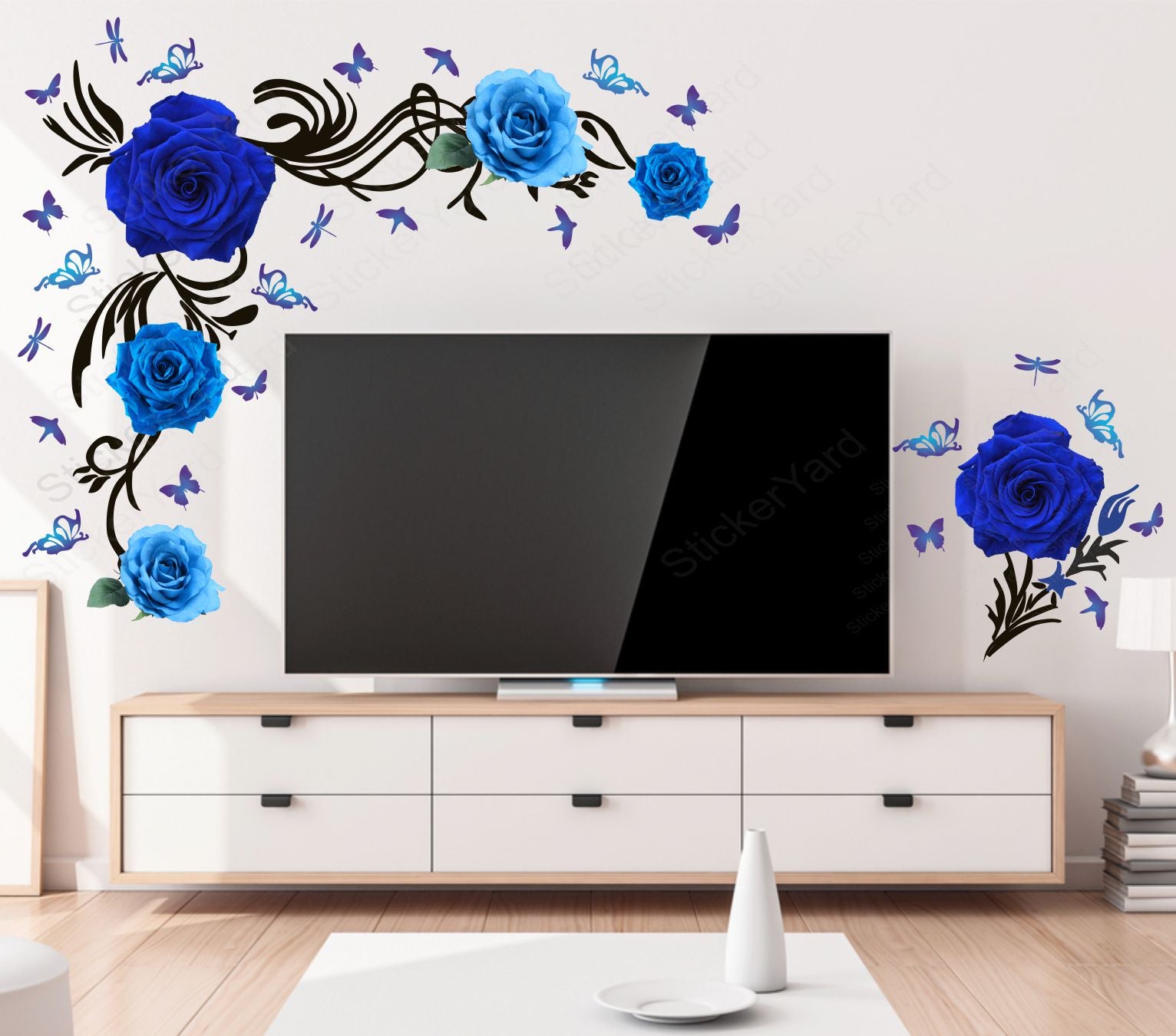 Framingokart  Pvc Vinyl Blue Rose Floral Self-Adhesive Wall Sticker for Home Decor/Decoration - Living Room, Bedroom, Kids Room (Multicolor,Size 83X63CM)