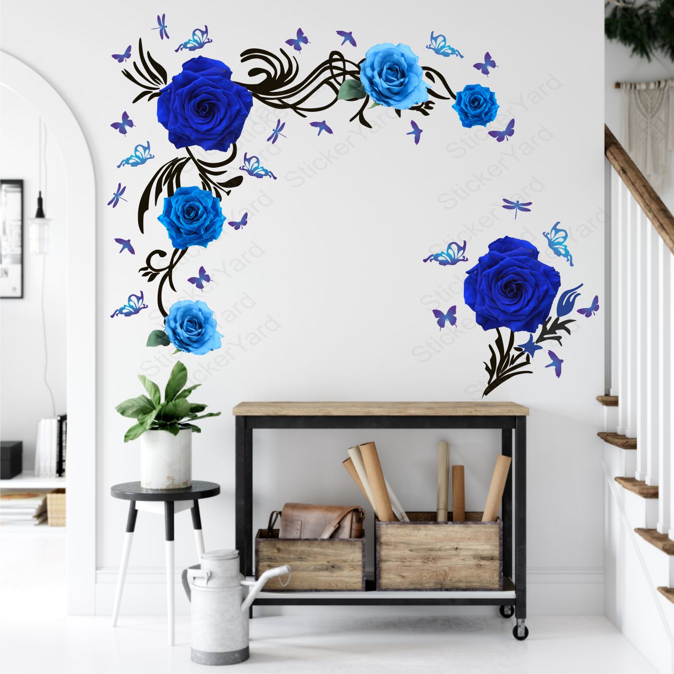 Framingokart  Pvc Vinyl Blue Rose Floral Self-Adhesive Wall Sticker for Home Decor/Decoration - Living Room, Bedroom, Kids Room (Multicolor,Size 83X63CM)