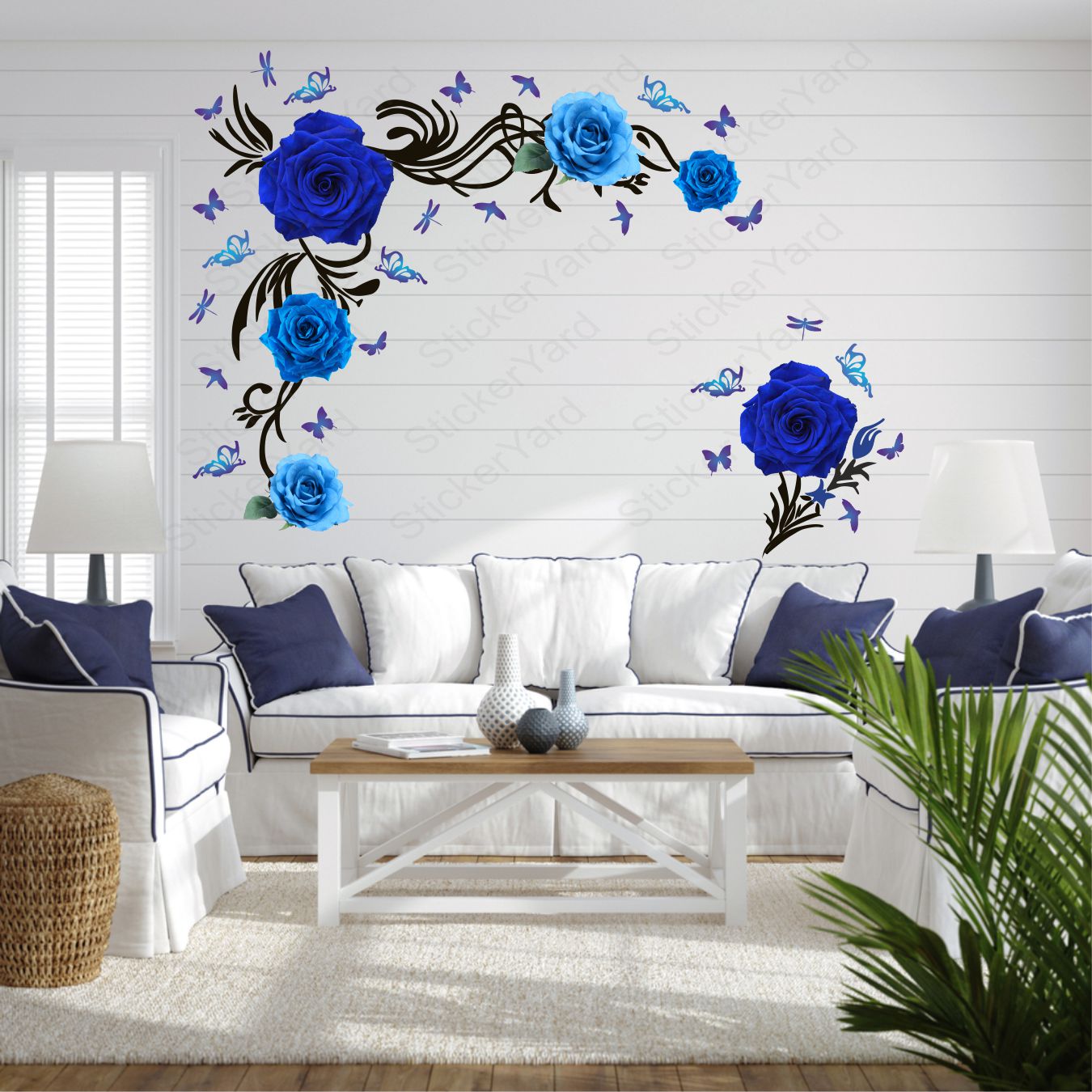 Framingokart  Pvc Vinyl Blue Rose Floral Self-Adhesive Wall Sticker for Home Decor/Decoration - Living Room, Bedroom, Kids Room (Multicolor,Size 83X63CM)