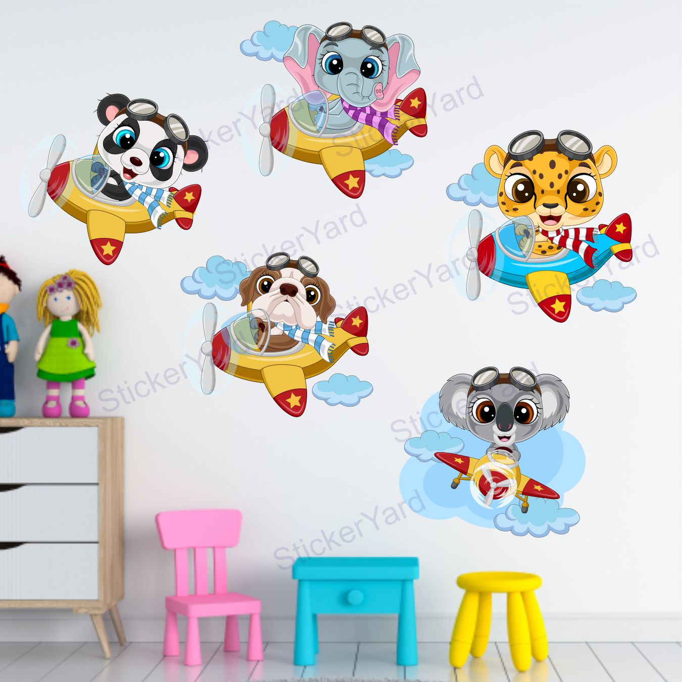 Framingokart Pvc Vinyl Jet Flying Animals Self-Adhesive Wall Sticker for Home Decor/Decoration - Living Room, Bedroom, Kids Room (Multicolor,Size 91X55CM)