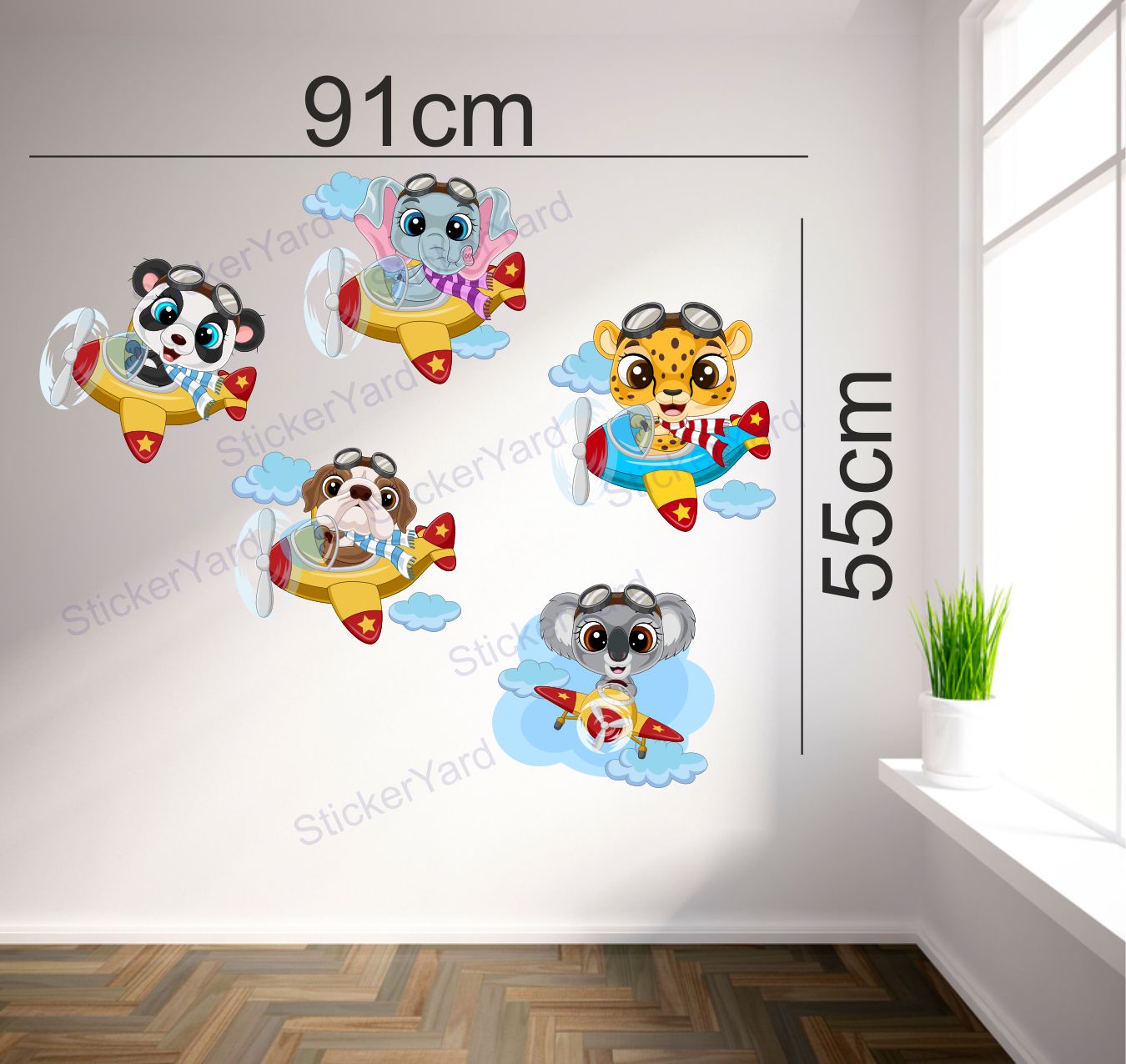 Framingokart Pvc Vinyl Jet Flying Animals Self-Adhesive Wall Sticker for Home Decor/Decoration - Living Room, Bedroom, Kids Room (Multicolor,Size 91X55CM)