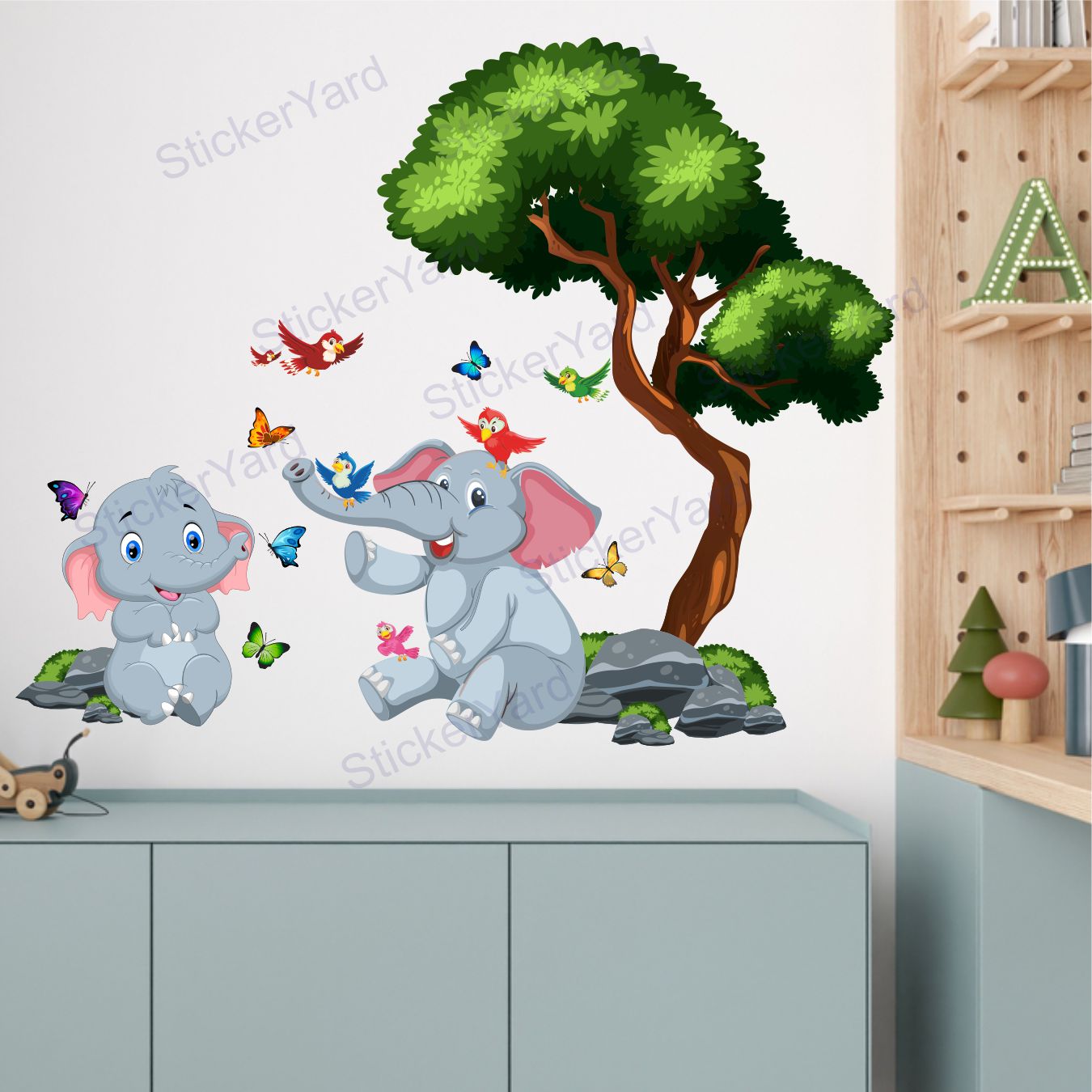 Framingokart Pvc Vinyl Elephants Under Tree Self-Adhesive Wall Sticker for Home Decor/Decoration - Living Room, Bedroom, Kids Room (Multicolor,Size 81X66CM)