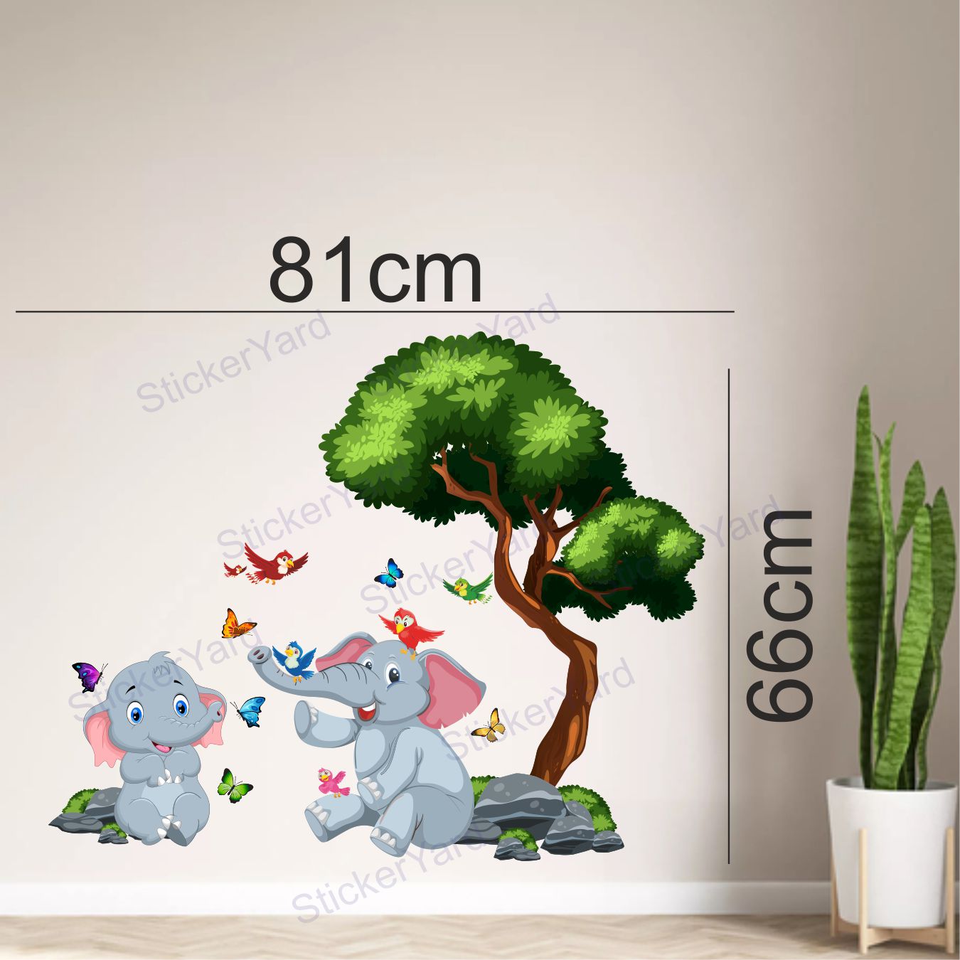 Framingokart Pvc Vinyl Elephants Under Tree Self-Adhesive Wall Sticker for Home Decor/Decoration - Living Room, Bedroom, Kids Room (Multicolor,Size 81X66CM)