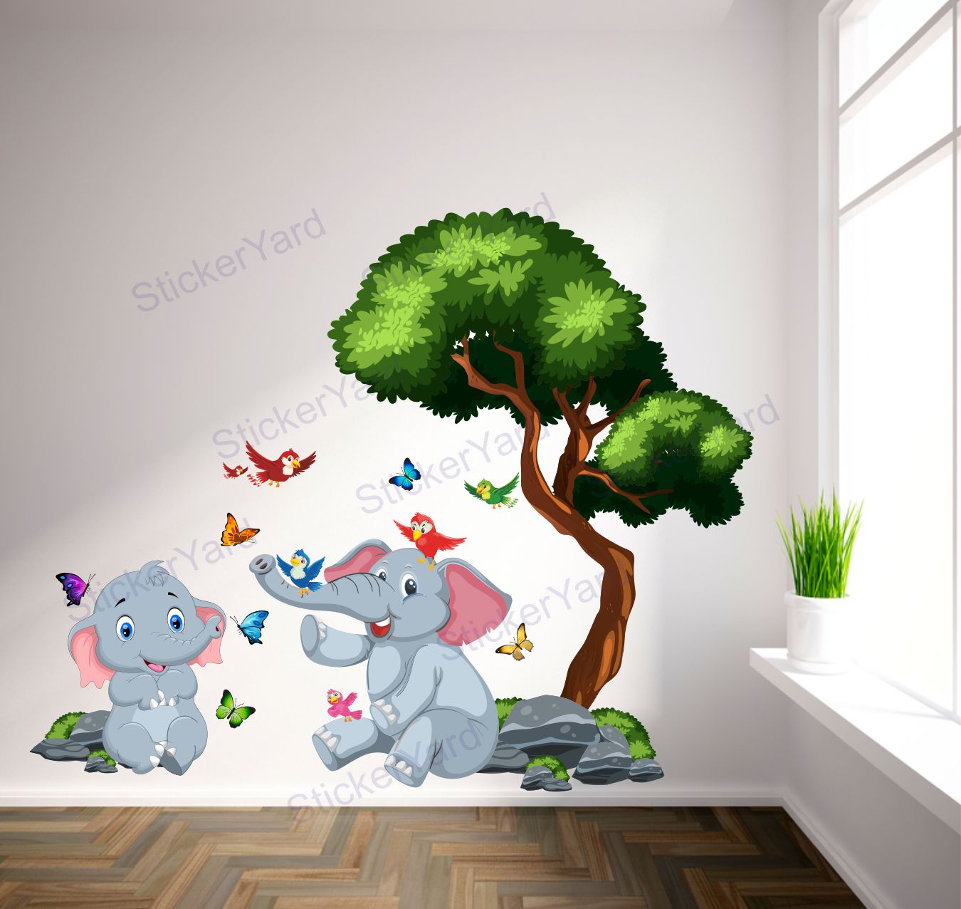 Framingokart Pvc Vinyl Elephants Under Tree Self-Adhesive Wall Sticker for Home Decor/Decoration - Living Room, Bedroom, Kids Room (Multicolor,Size 81X66CM)