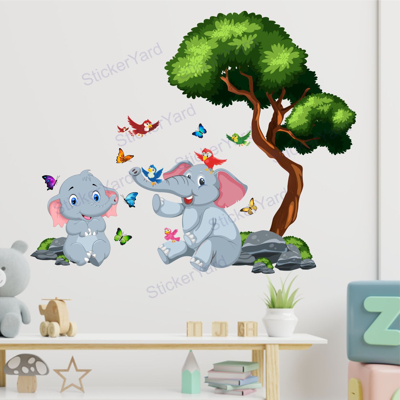 Framingokart Pvc Vinyl Elephants Under Tree Self-Adhesive Wall Sticker for Home Decor/Decoration - Living Room, Bedroom, Kids Room (Multicolor,Size 81X66CM)