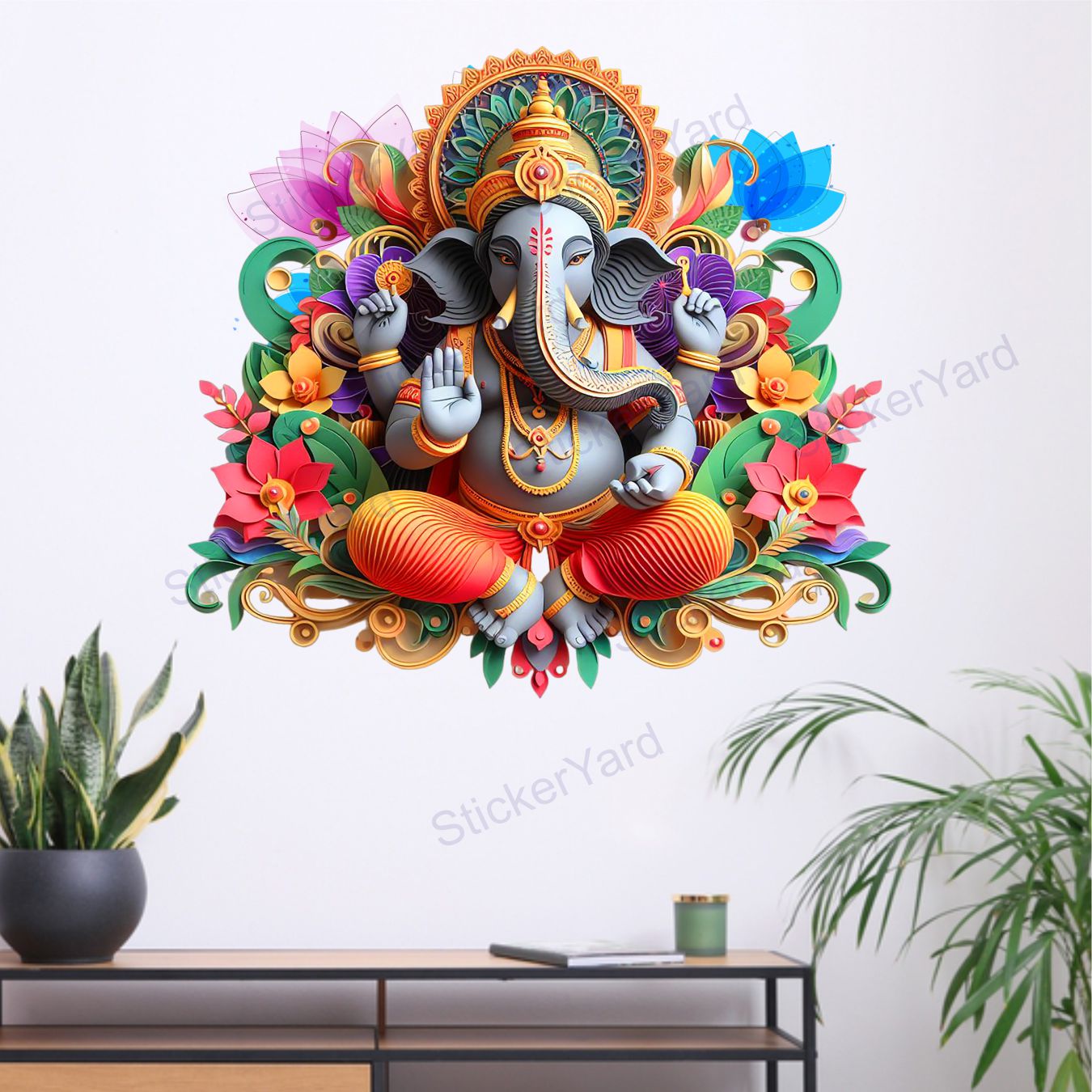 Framingokart Pvc Vinyl Ganesha Self-Adhesive Wall Sticker for Home Decor/Decoration - Living Room, Bedroom, Kids Room (Multicolor,Size 43X40CM)