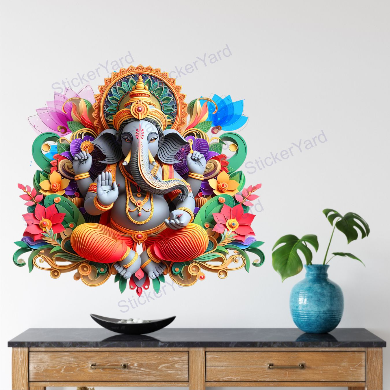 Framingokart Pvc Vinyl Ganesha Self-Adhesive Wall Sticker for Home Decor/Decoration - Living Room, Bedroom, Kids Room (Multicolor,Size 43X40CM)