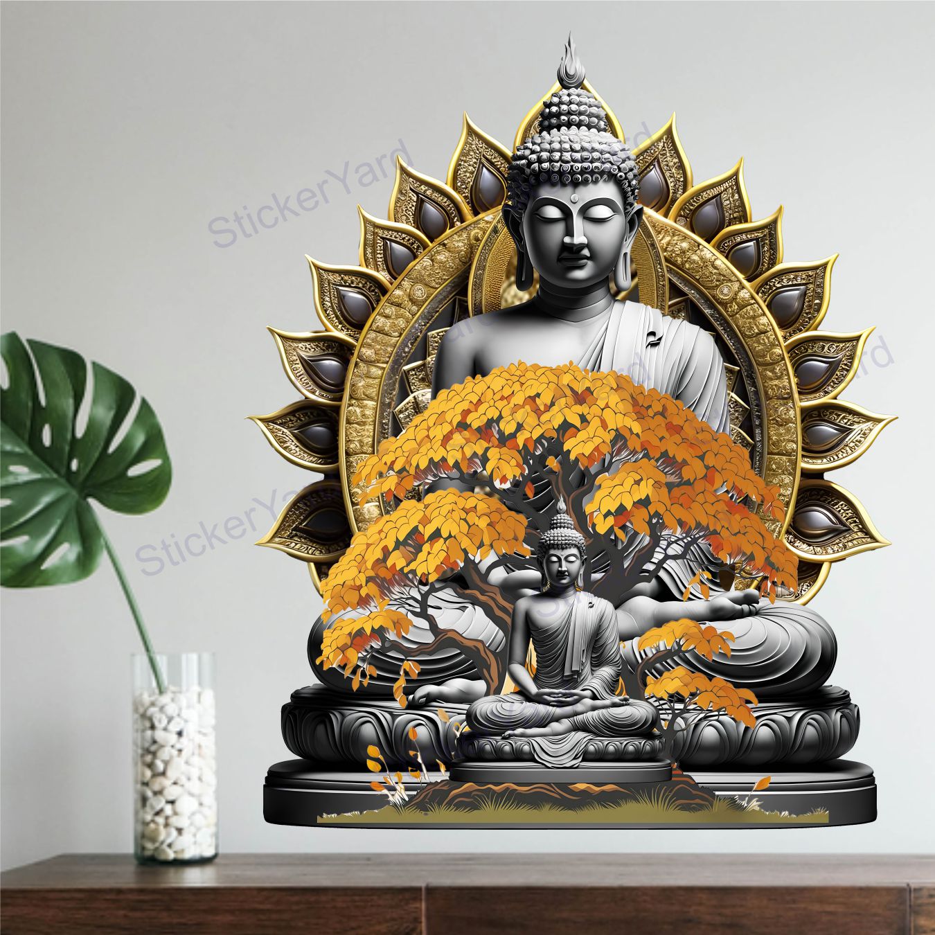 FramingoKart Pvc Vinyl Tree Meditating Buddha Self-Adhesive Wall Sticker for Home Decor/Decoration - Living Room, Bedroom, Kids Room (Multicolor,Size 60X71CM)