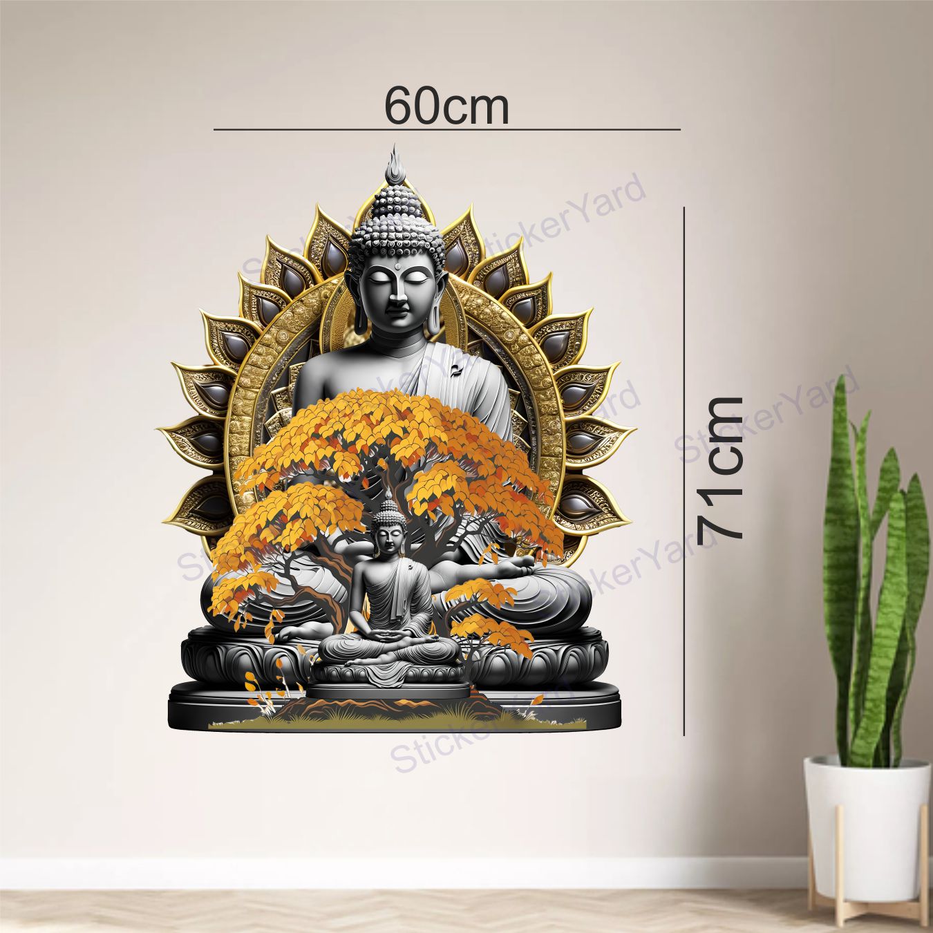 FramingoKart Pvc Vinyl Tree Meditating Buddha Self-Adhesive Wall Sticker for Home Decor/Decoration - Living Room, Bedroom, Kids Room (Multicolor,Size 60X71CM)