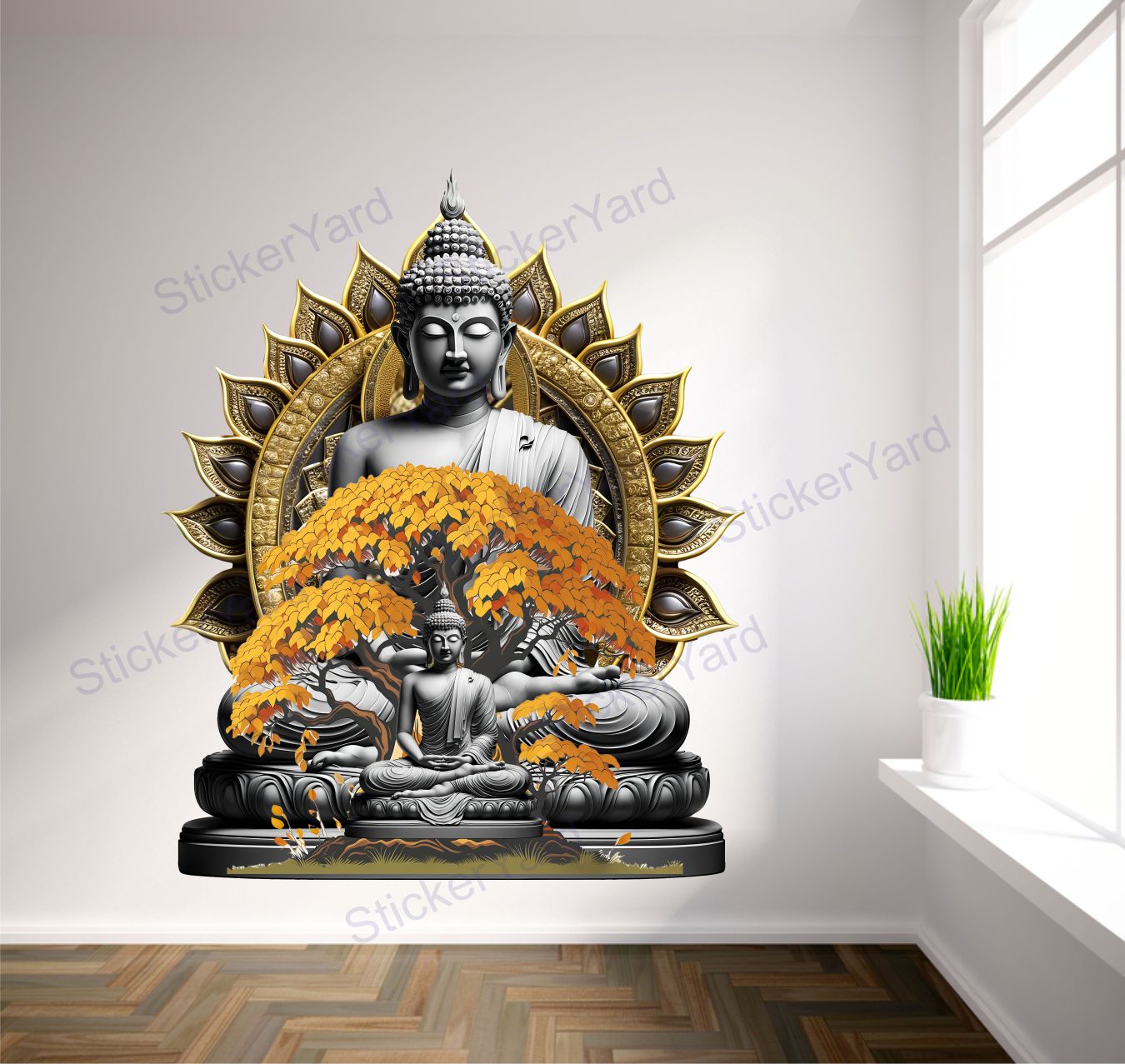 FramingoKart Pvc Vinyl Tree Meditating Buddha Self-Adhesive Wall Sticker for Home Decor/Decoration - Living Room, Bedroom, Kids Room (Multicolor,Size 60X71CM)