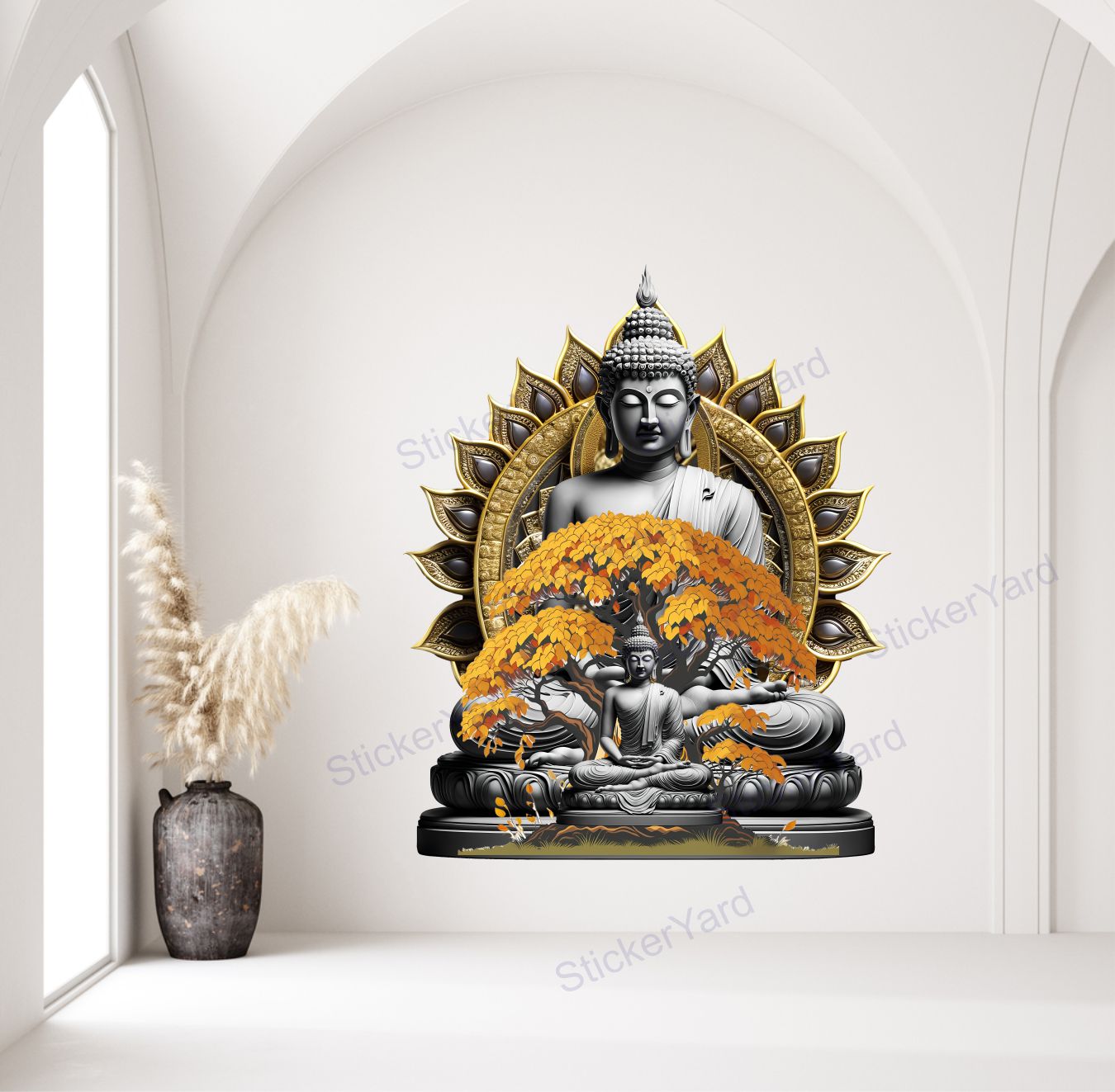 FramingoKart Pvc Vinyl Tree Meditating Buddha Self-Adhesive Wall Sticker for Home Decor/Decoration - Living Room, Bedroom, Kids Room (Multicolor,Size 60X71CM)