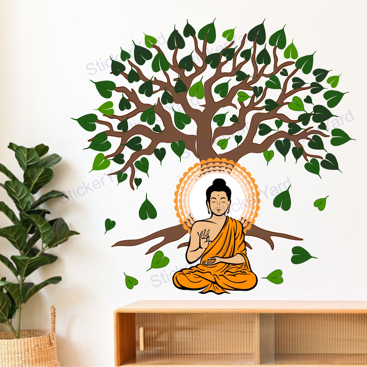 FramingoKart Pvc Vinyl Meditating Under Tree Buddha Self-Adhesive Wall Sticker for Home Decor/Decoration - Living Room, Bedroom, Kids Room (Multicolor,Size 71X71CM)