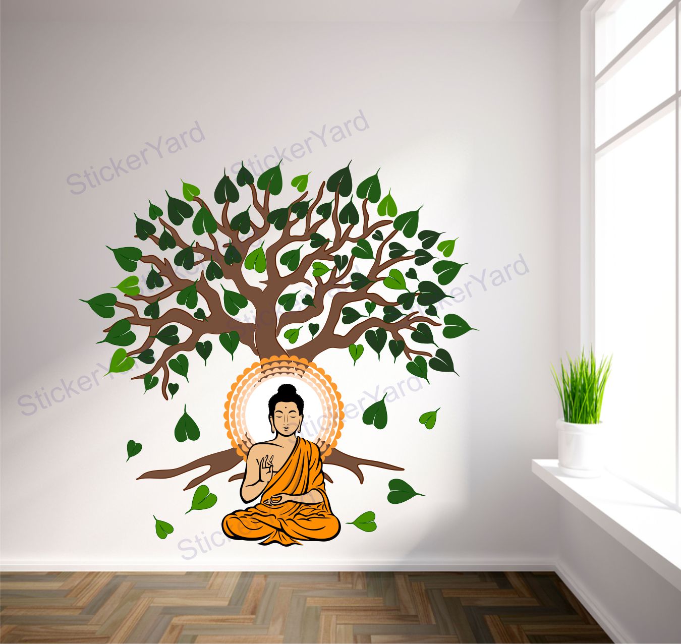 FramingoKart Pvc Vinyl Meditating Under Tree Buddha Self-Adhesive Wall Sticker for Home Decor/Decoration - Living Room, Bedroom, Kids Room (Multicolor,Size 71X71CM)