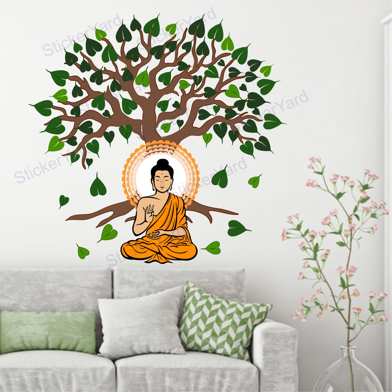 FramingoKart Pvc Vinyl Meditating Under Tree Buddha Self-Adhesive Wall Sticker for Home Decor/Decoration - Living Room, Bedroom, Kids Room (Multicolor,Size 71X71CM)
