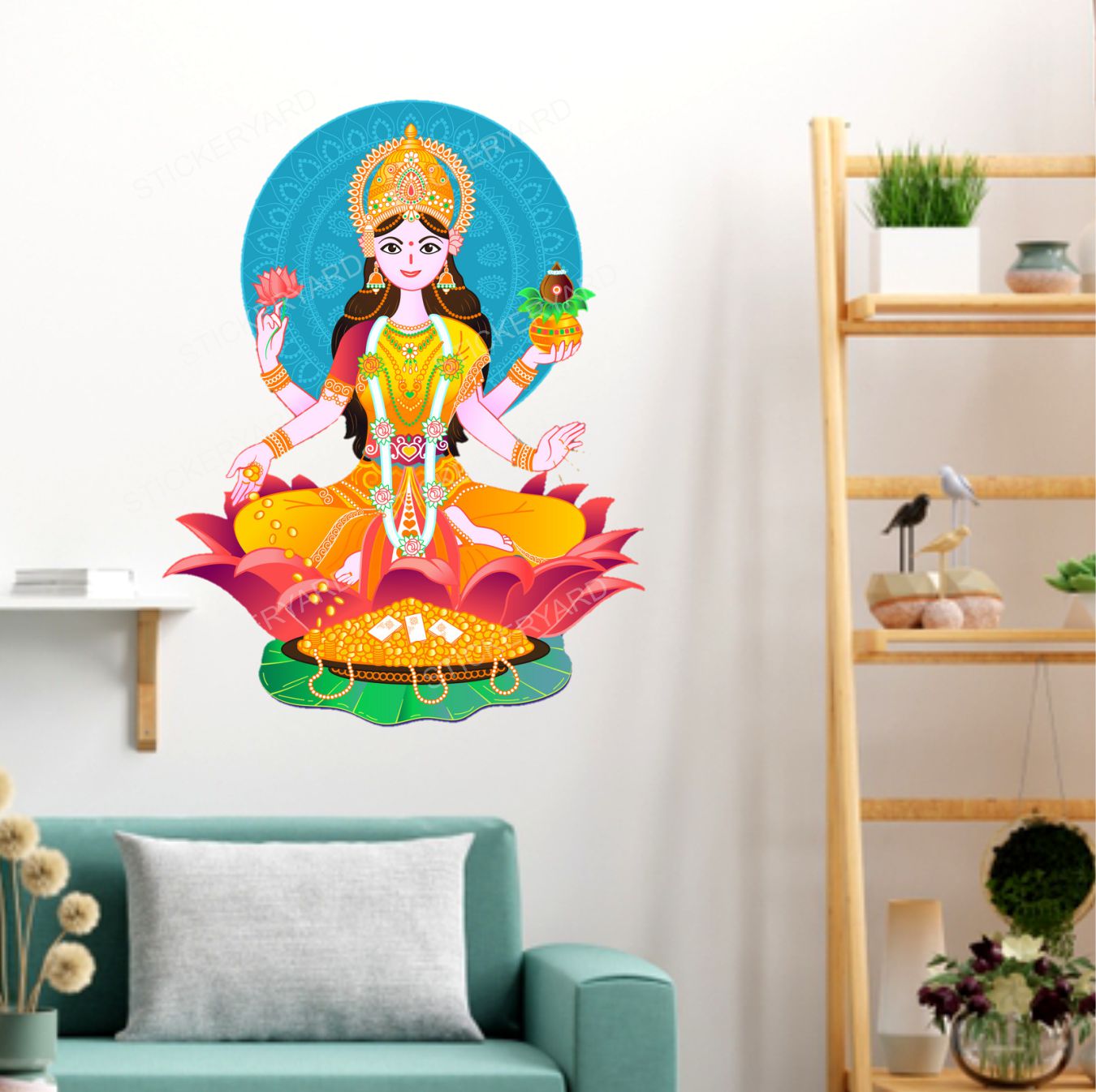 Framingokart Pvc Vinyl Maa Lakshmi Ji Self-Adhesive Wall Sticker for Home Decor/Decoration - Living Room, Bedroom, Kids Room (Multicolor,Size 40X50CM)