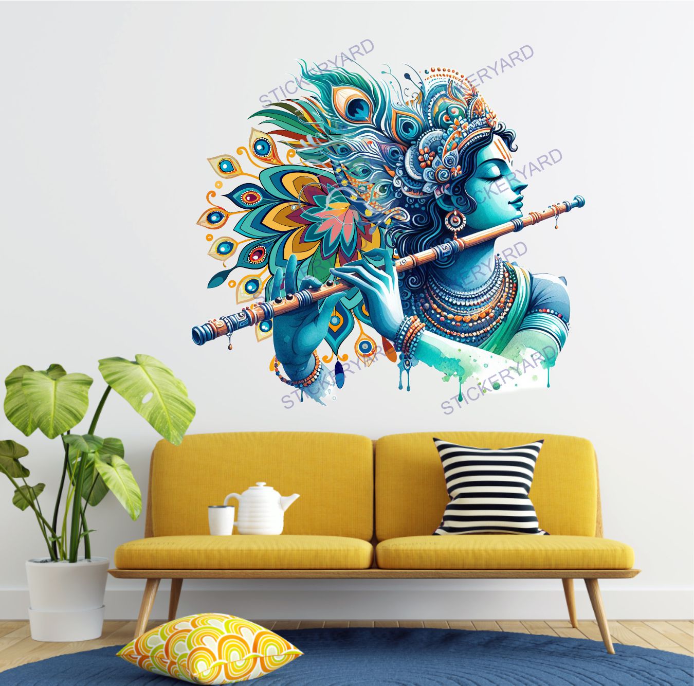 FramingoKart   Pvc Vinyl Krishna Ji Flute Self-Adhesive Wall Sticker for Home Decor/Decoration - Living Room, Bedroom, Kids Room (Multicolor,Size 55X50CM)