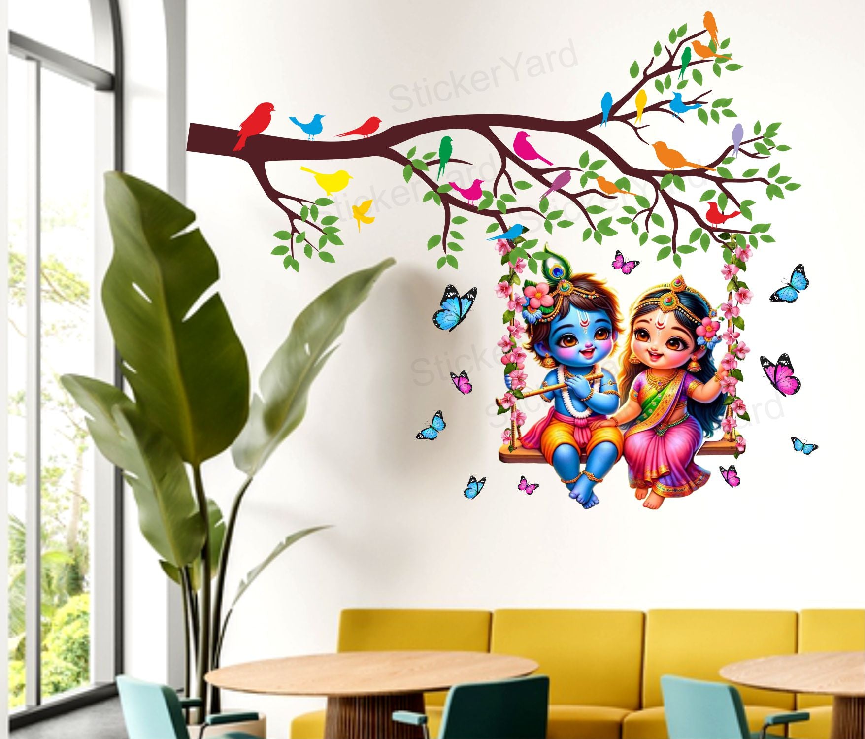 FramingoKart   Pvc Vinyl Radha Krishna On Tree Self-Adhesive Wall Sticker for Home Decor/Decoration - Living Room, Bedroom, Kids Room (Multicolor,Size 89X73CM)