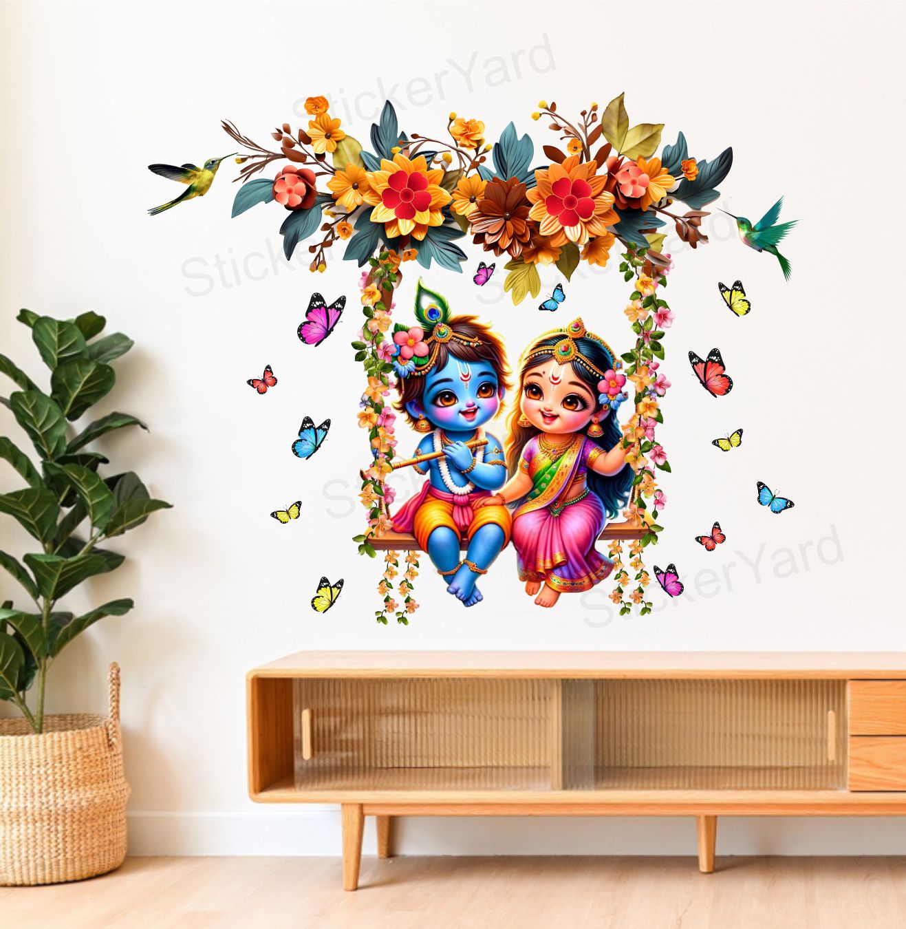 FramingoKart   Pvc Vinyl Radha Krishna On Flower Branch Self-Adhesive Wall Sticker for Home Decor/Decoration - Living Room, Bedroom, Kids Room (Multicolor,Size 79X66CM)